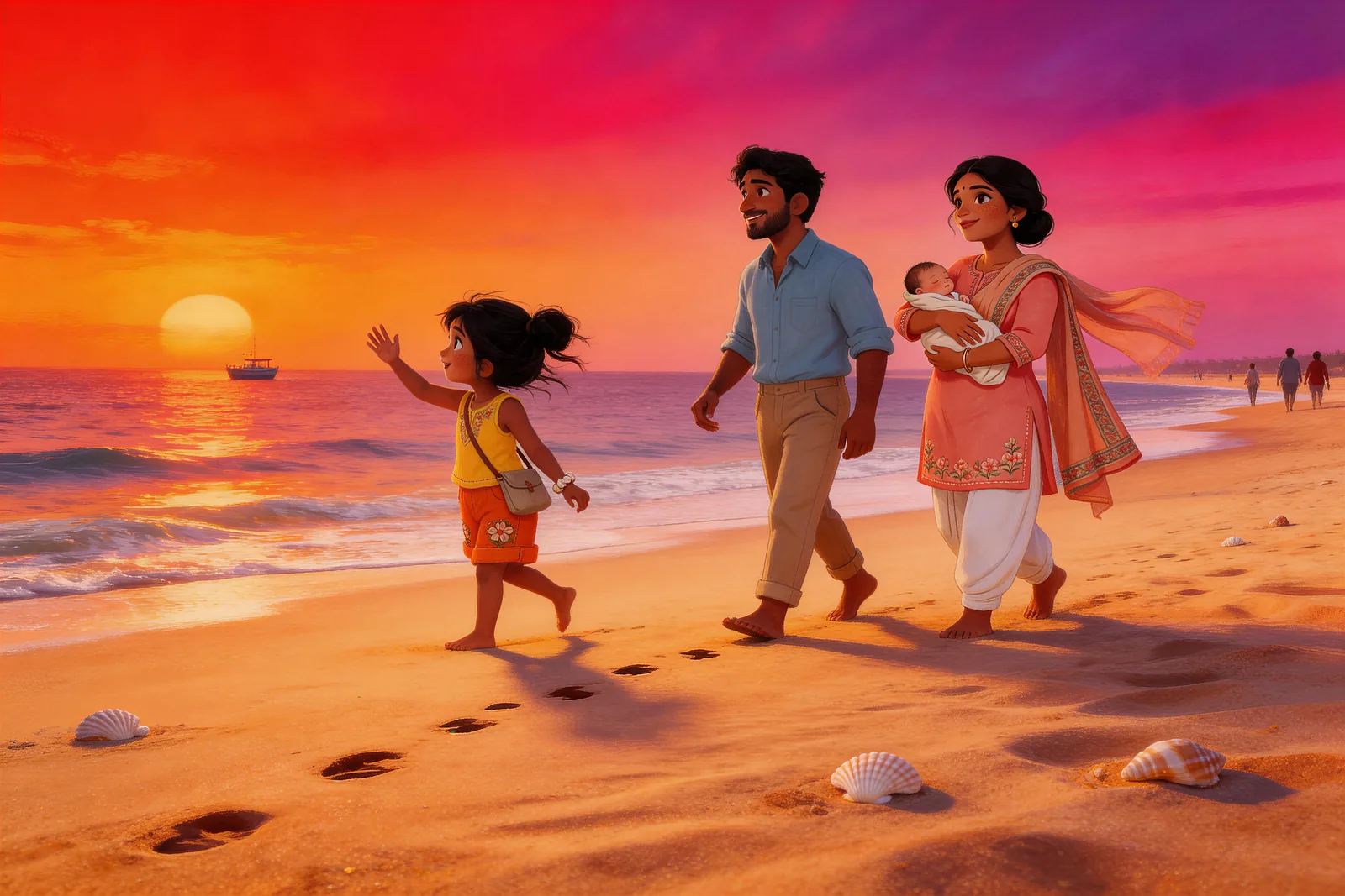 A joyful wave goodbye on the beach as the sun goes down.