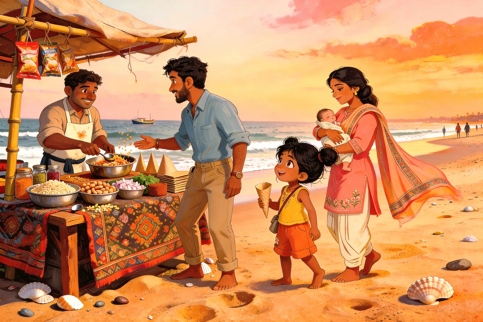 A family buys snacks at a seaside jhalmuri stall at sunset.