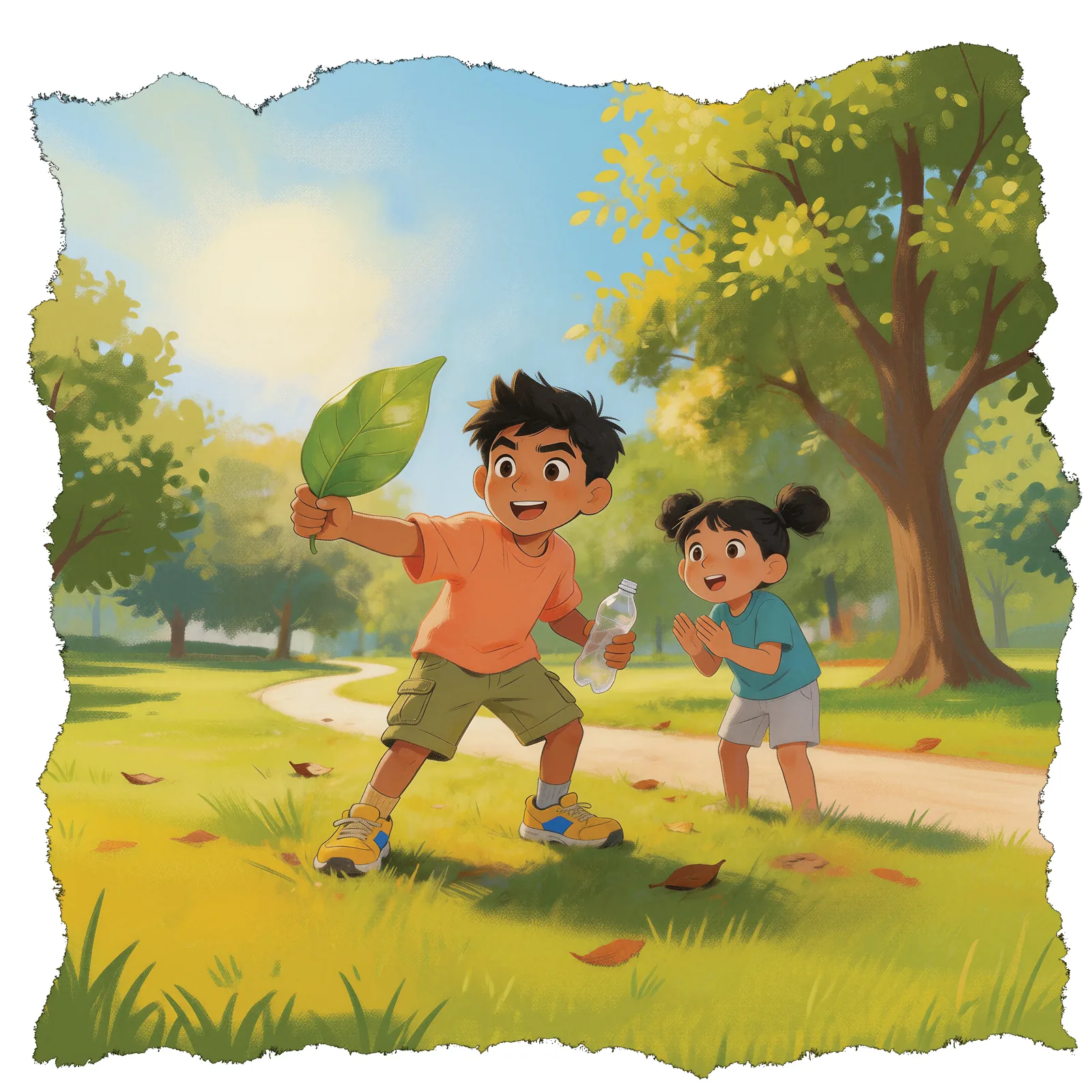 Two children on a scavenger hunt, holding up a leaf they found.