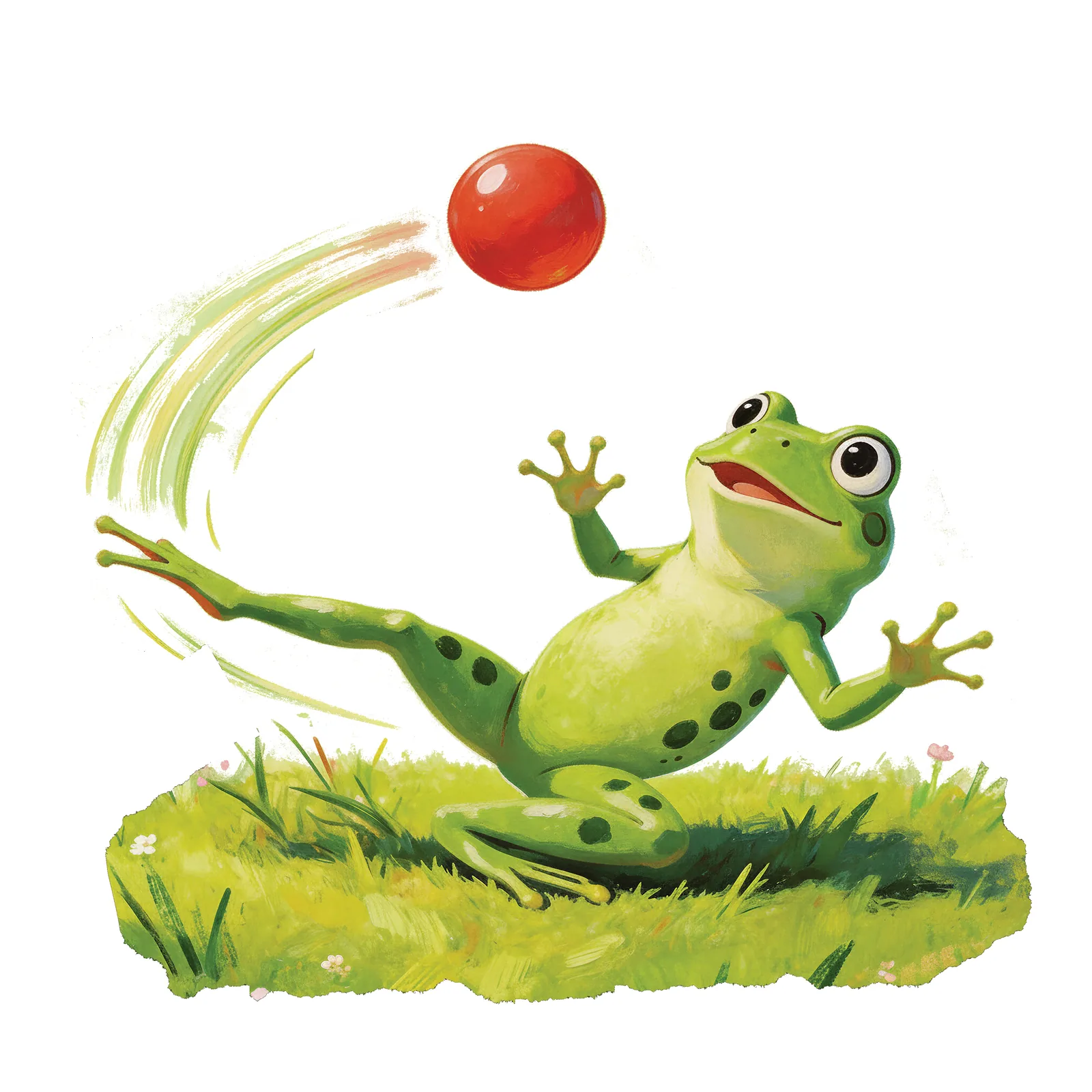 A leaping frog reaches for a bright red bouncing ball.