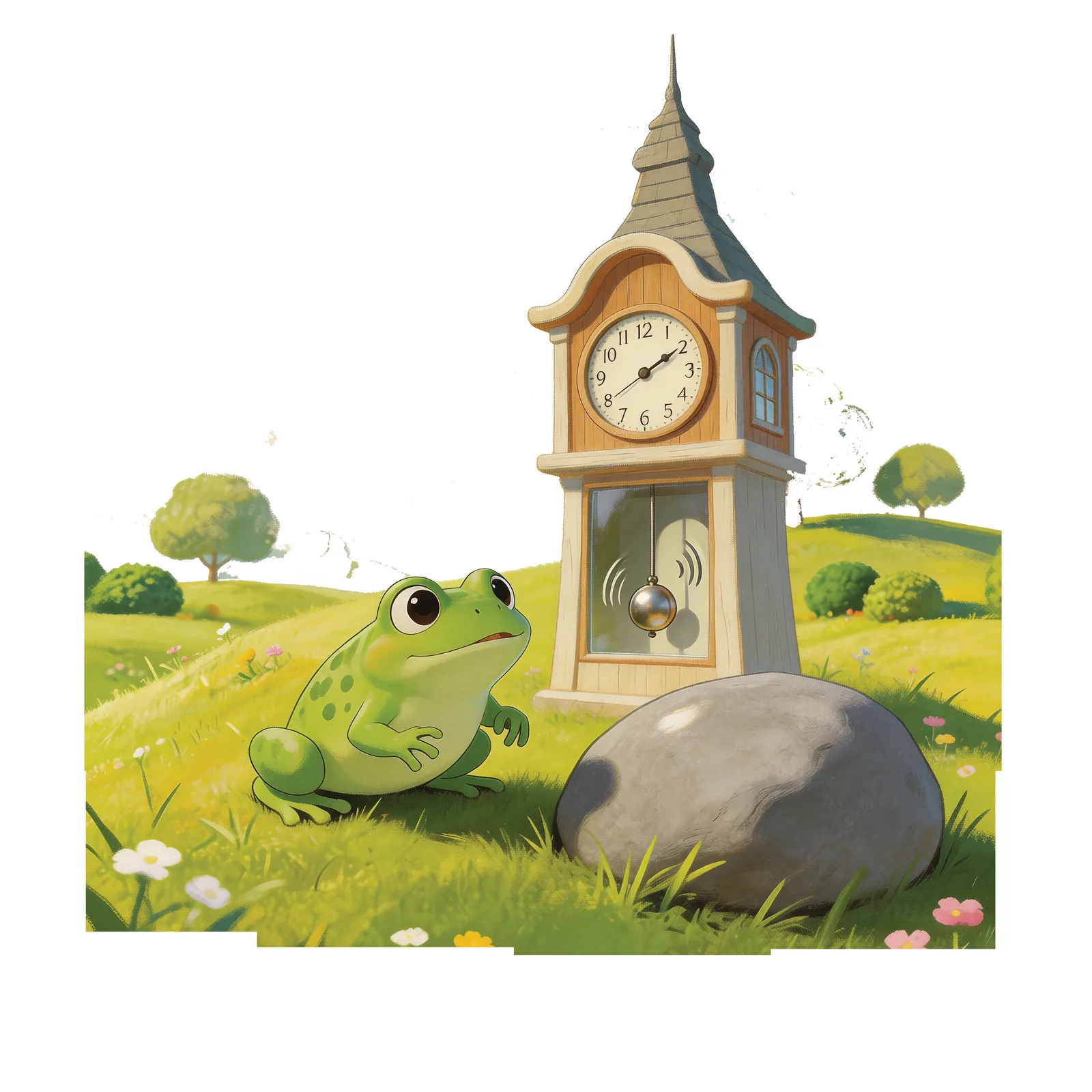 A little frog rests by a clock tower on a grassy hill.