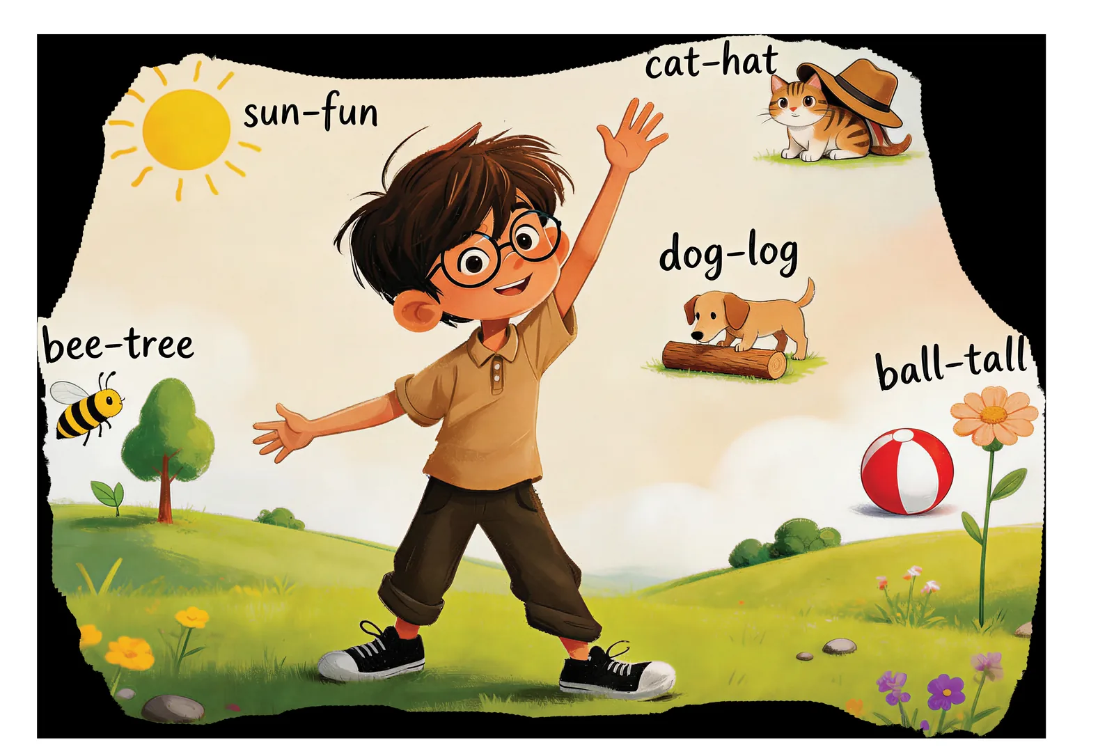 A boy plays with rhyming words — sun-fun, dog-log, bee-tree.