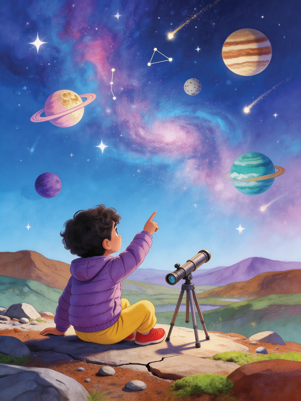 A boy with a telescope gazes up at planets and swirling stars.