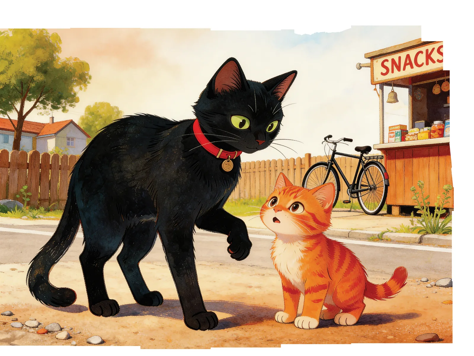 A lean black street cat meets a curious little kitten.