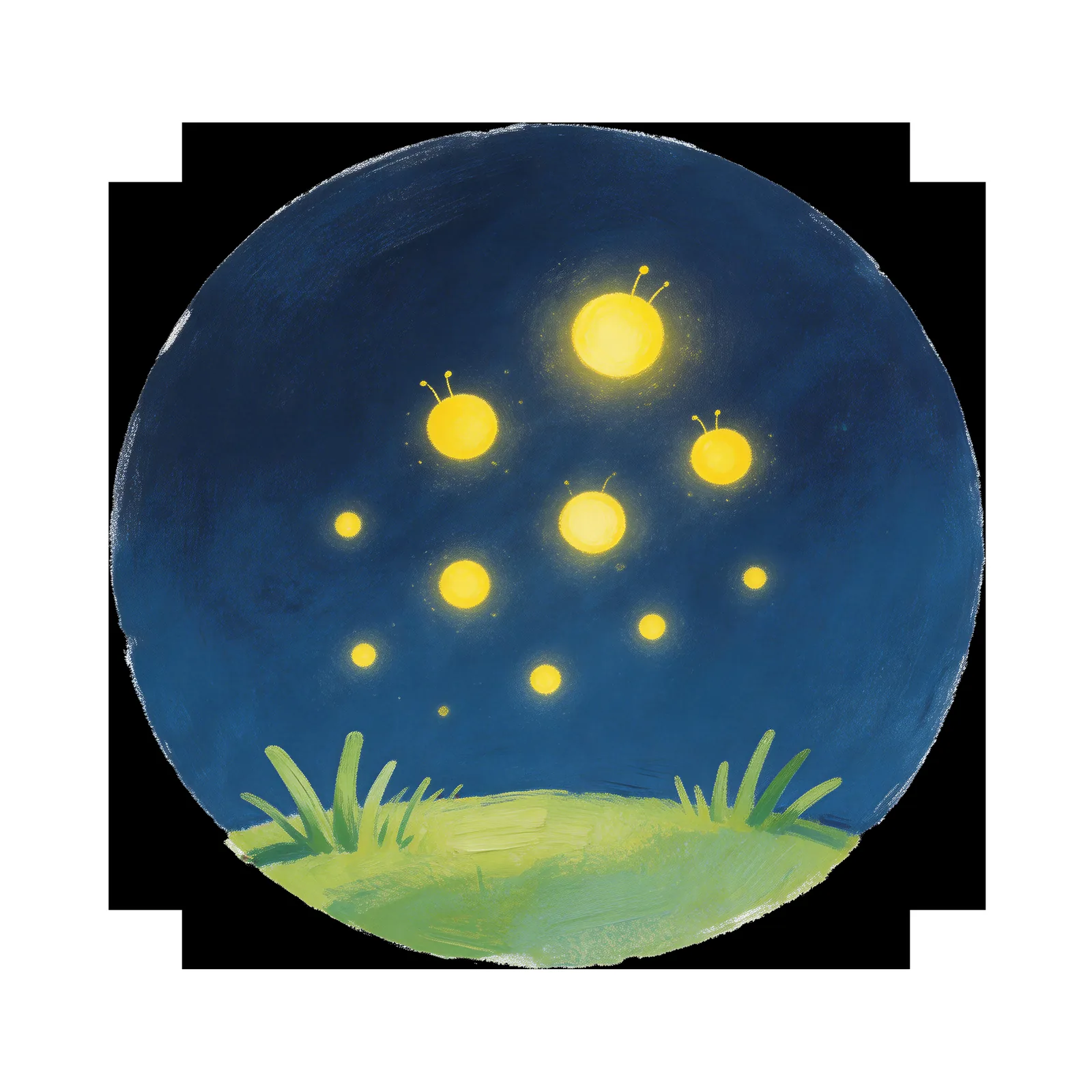 Fireflies glow like little lamps over the grass at night.