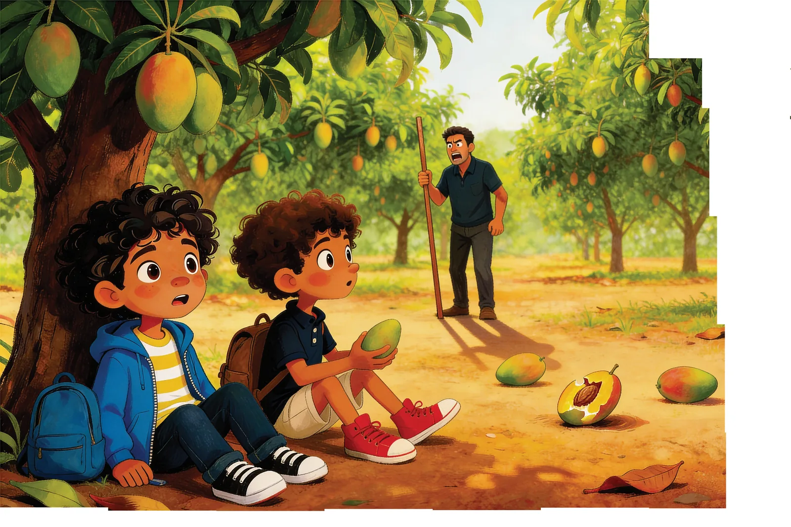 Friends rest under a mango tree, enjoying fresh-picked fruit.