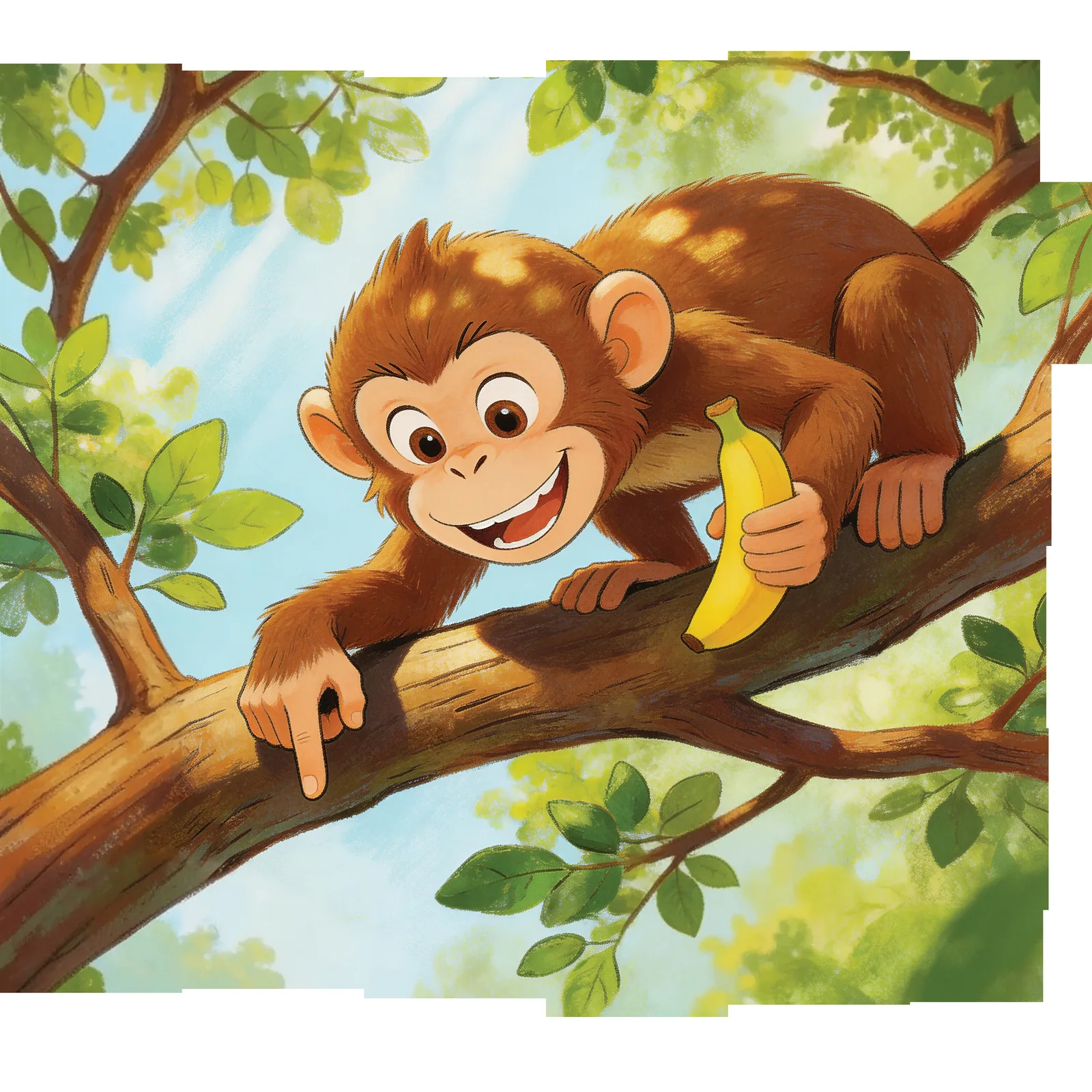 A cheeky monkey grins down from a branch, banana in hand.