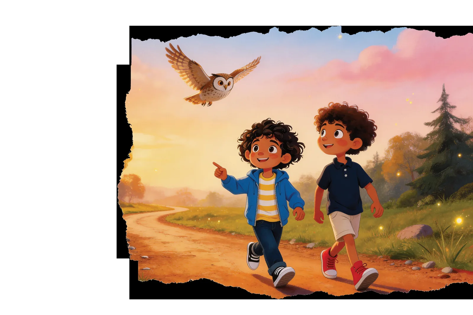 Two children follow a wise owl through the evening light.