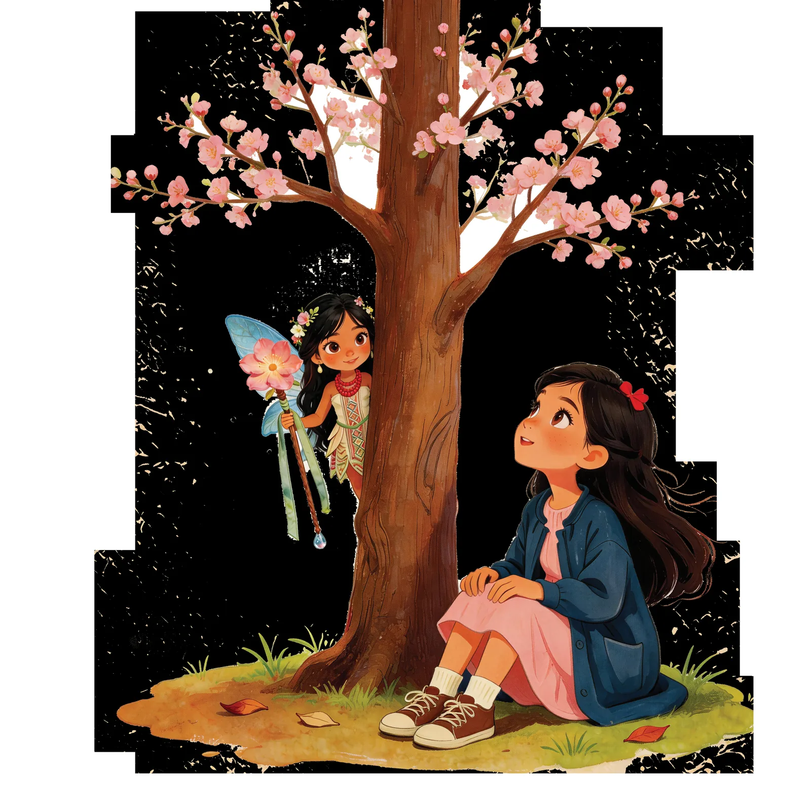 Meena sits beneath the cherry tree as a fairy flutters near.