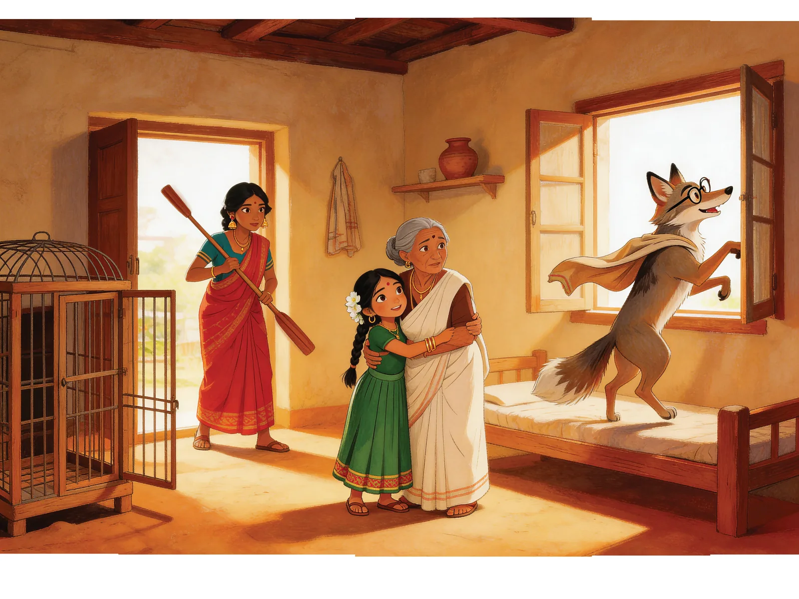 The jackal's trick is caught out and the family is safe.