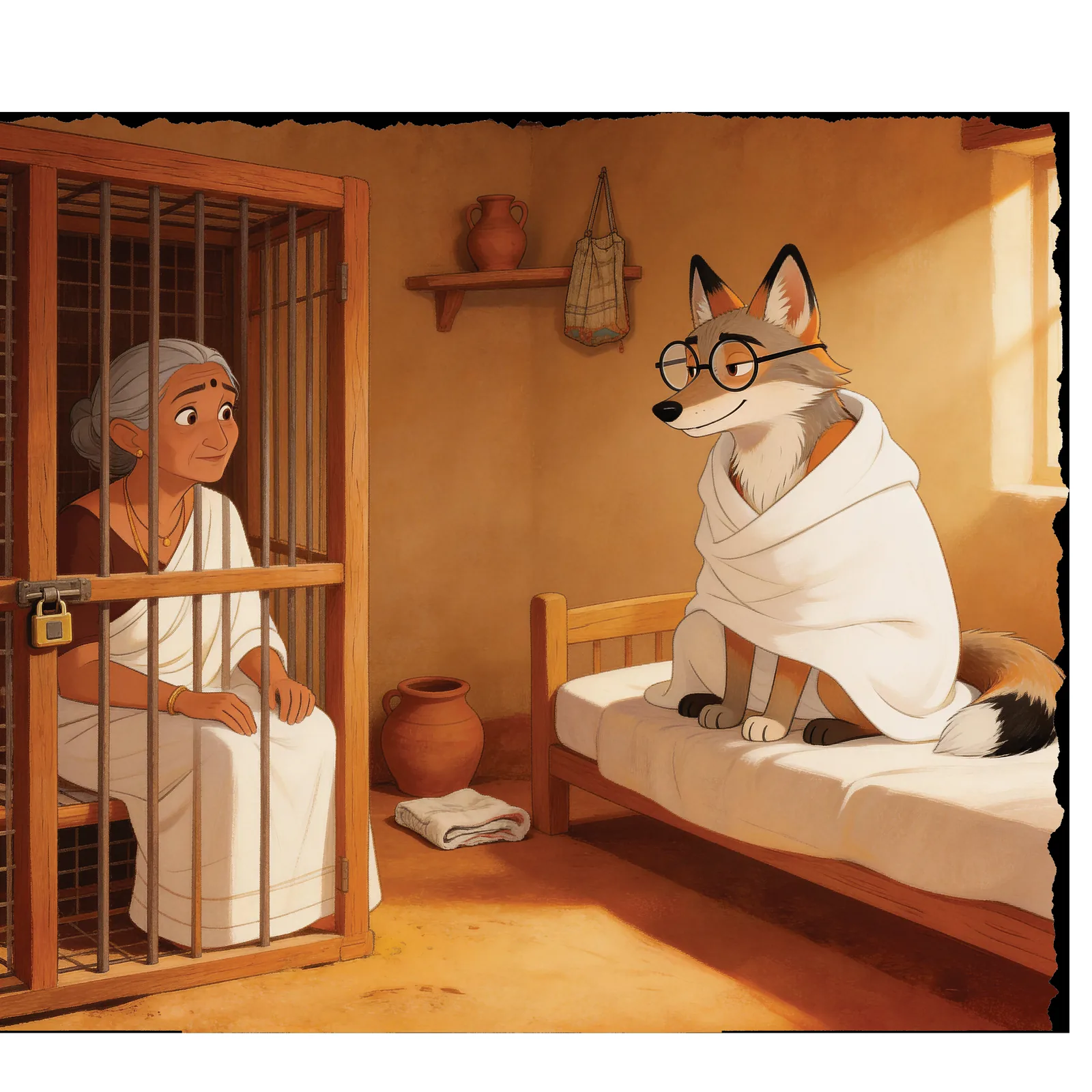 A sly jackal disguised in grandmother's shawl — a classic folktale.