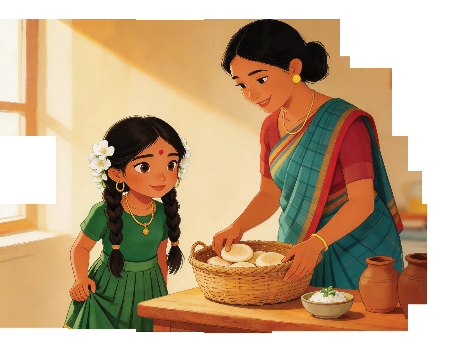 Appu helps her mother pack food in the warm kitchen.