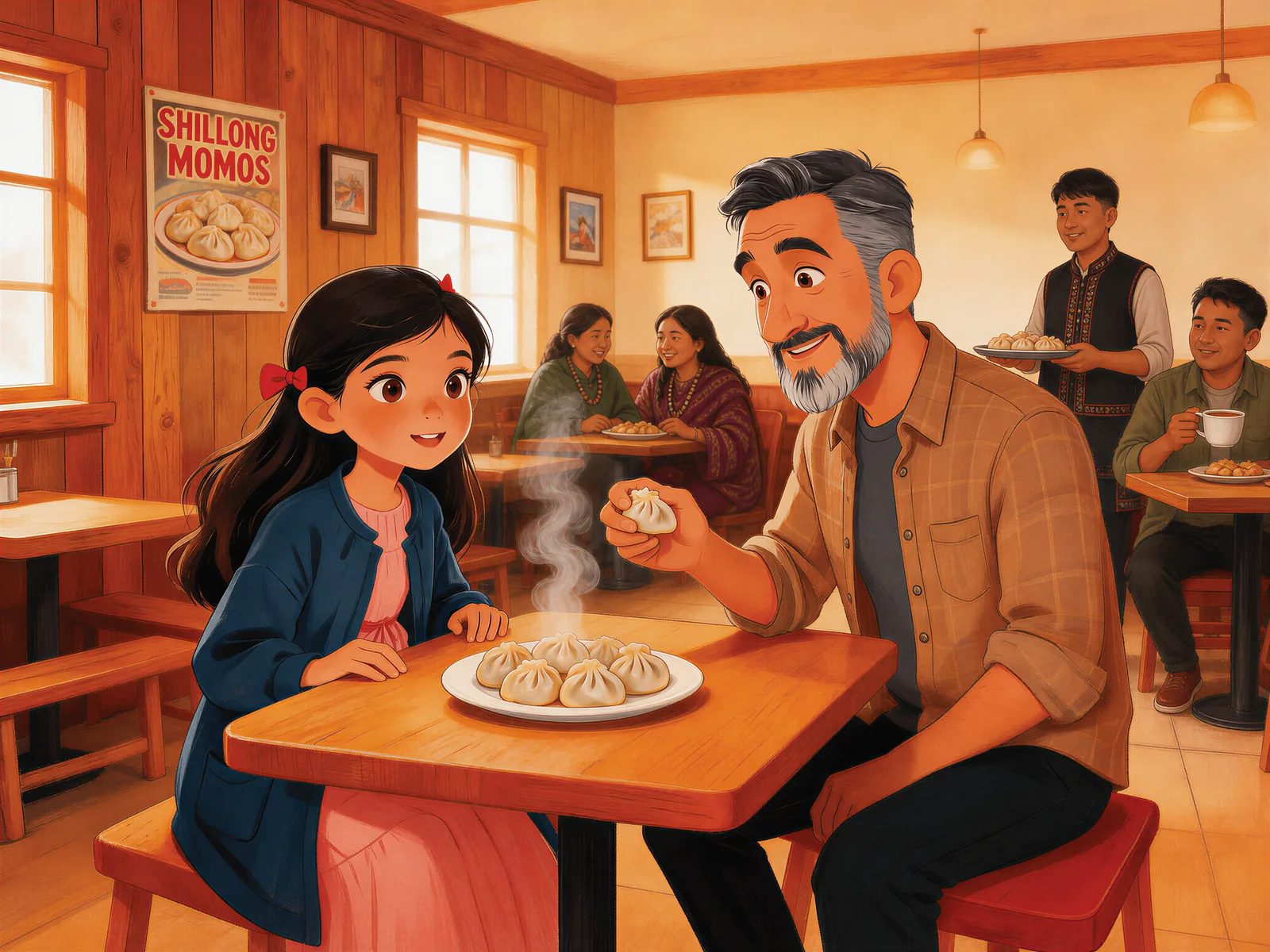 Meena shares a warm plate of momos with her father at a cafe.