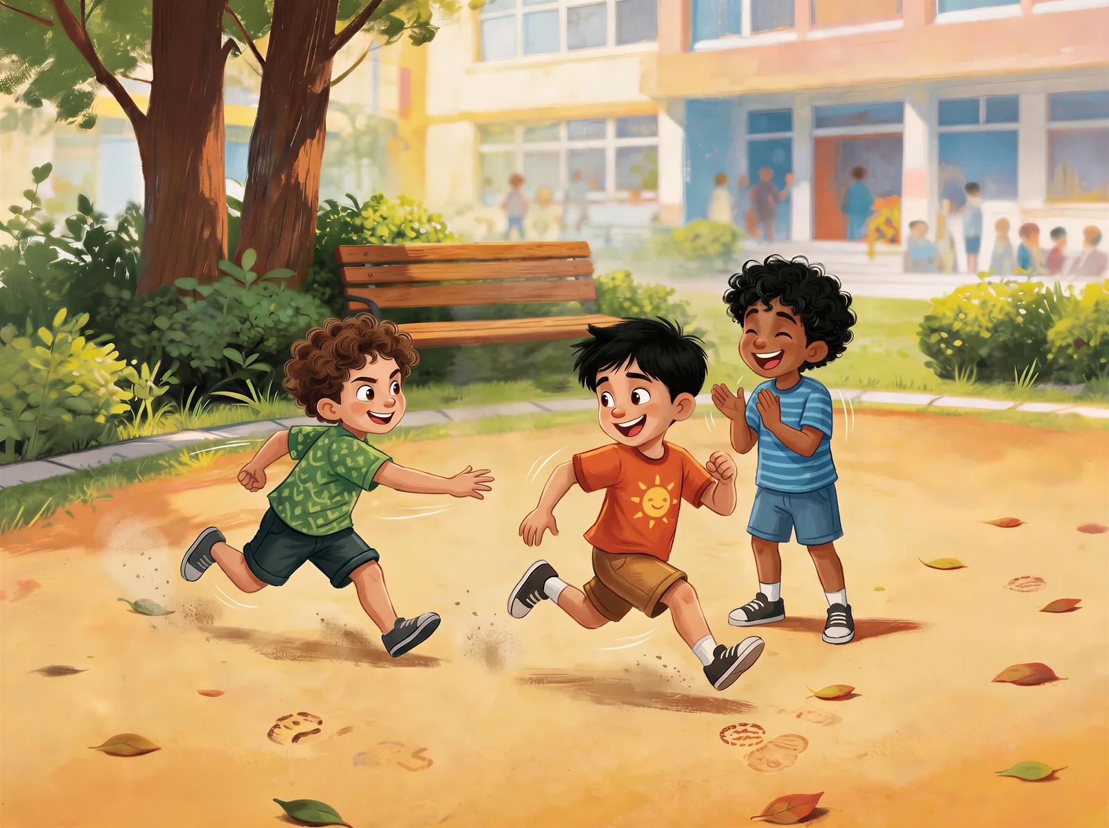 Children race and play together in the schoolyard.