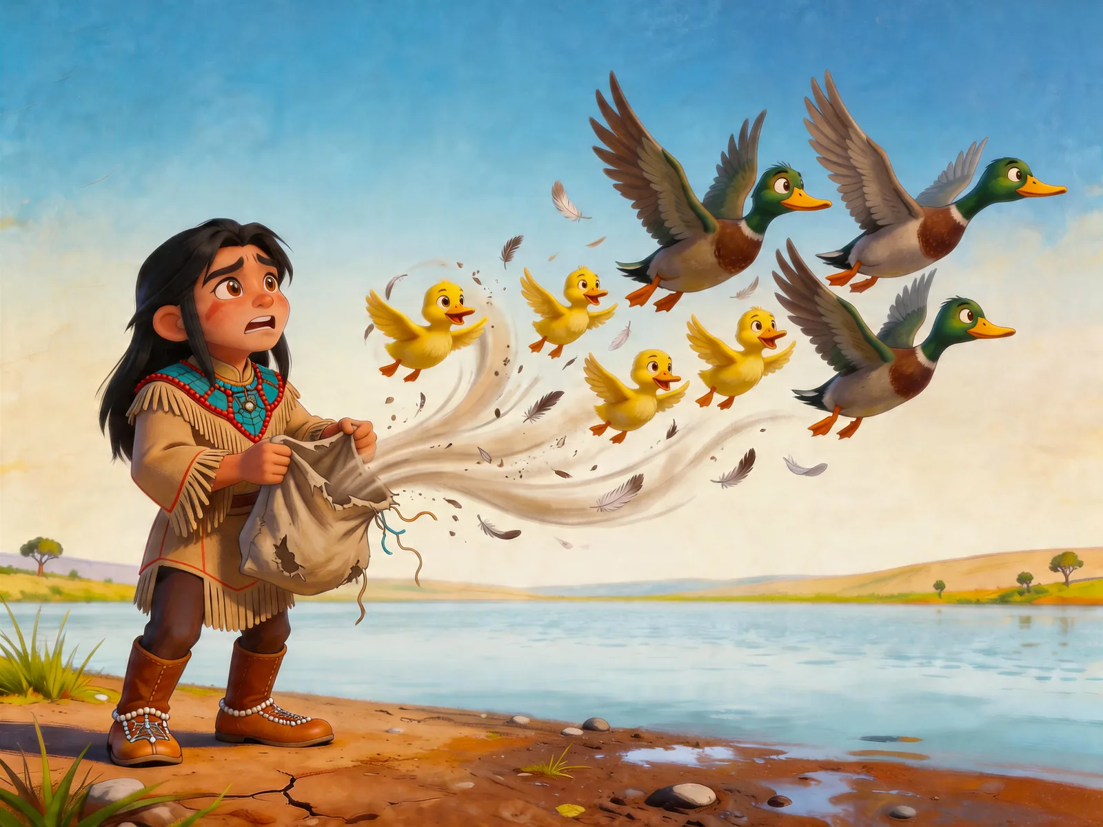 Iktomi's trick unravels as the ducks burst free and take to the sky.