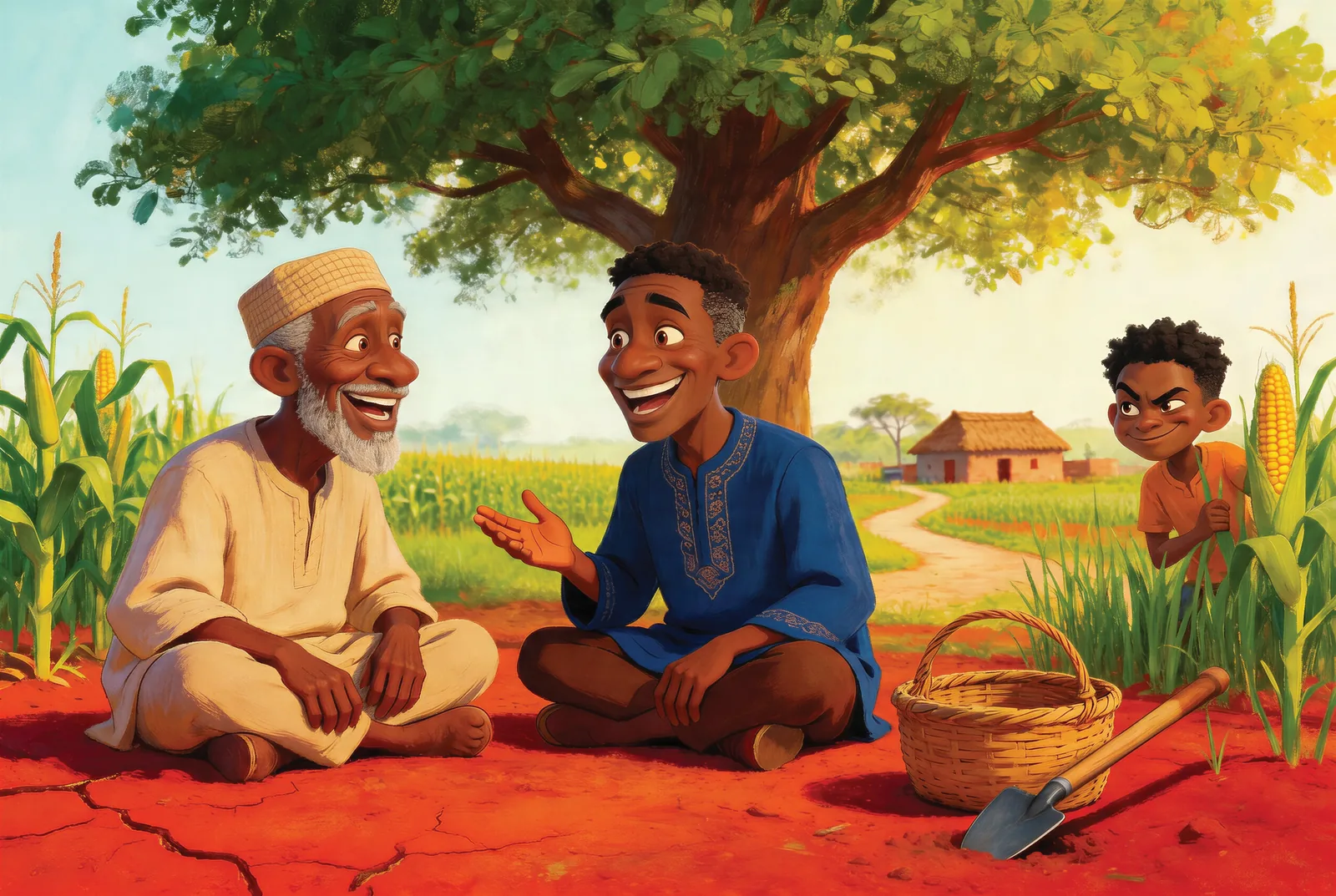 Two old friends share a quiet moment under a village tree.