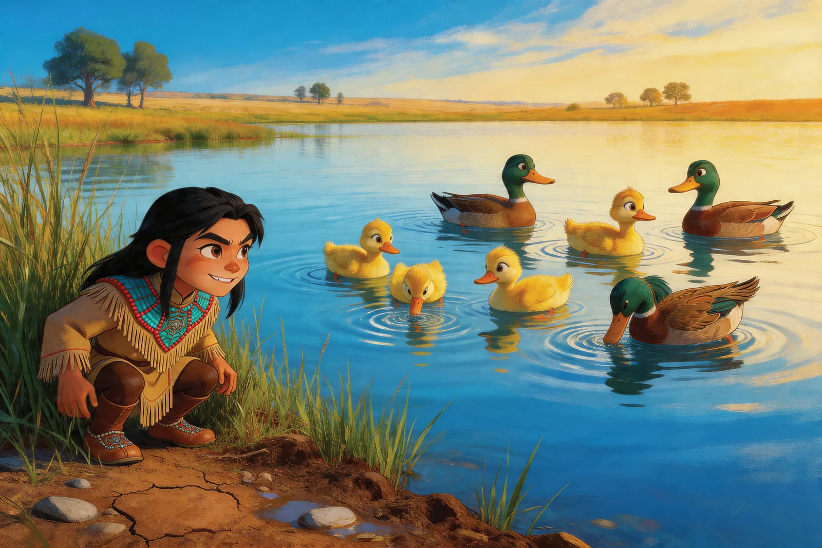 Iktomi spots a raft of ducks on the shining lake — a folktale begins.