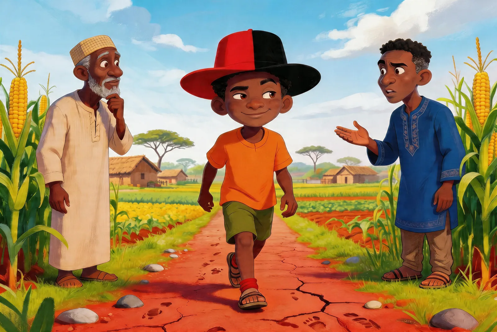 A boy walks the red village path as a playful trick unfolds.