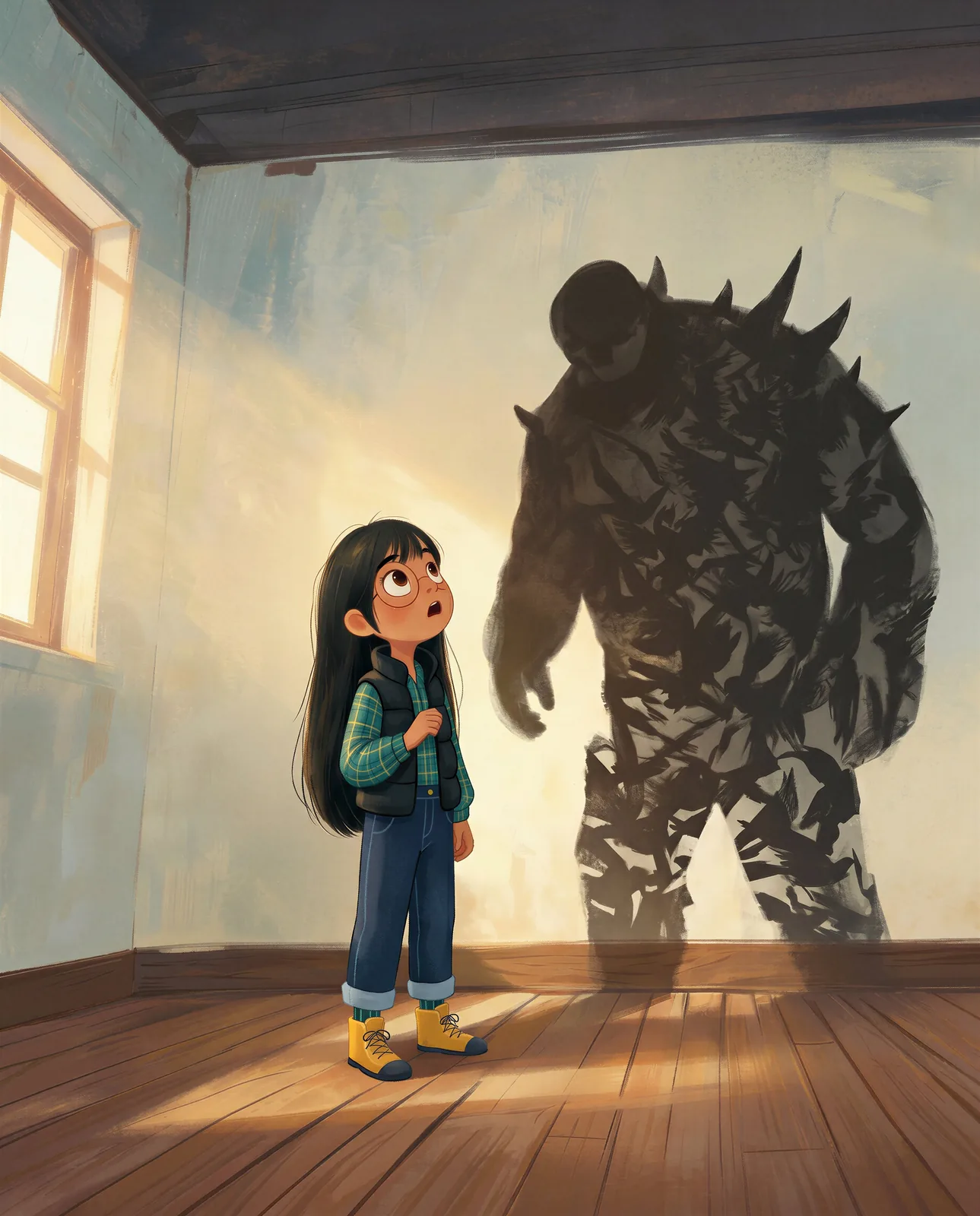 A small girl stands brave before a towering shadow-monster.