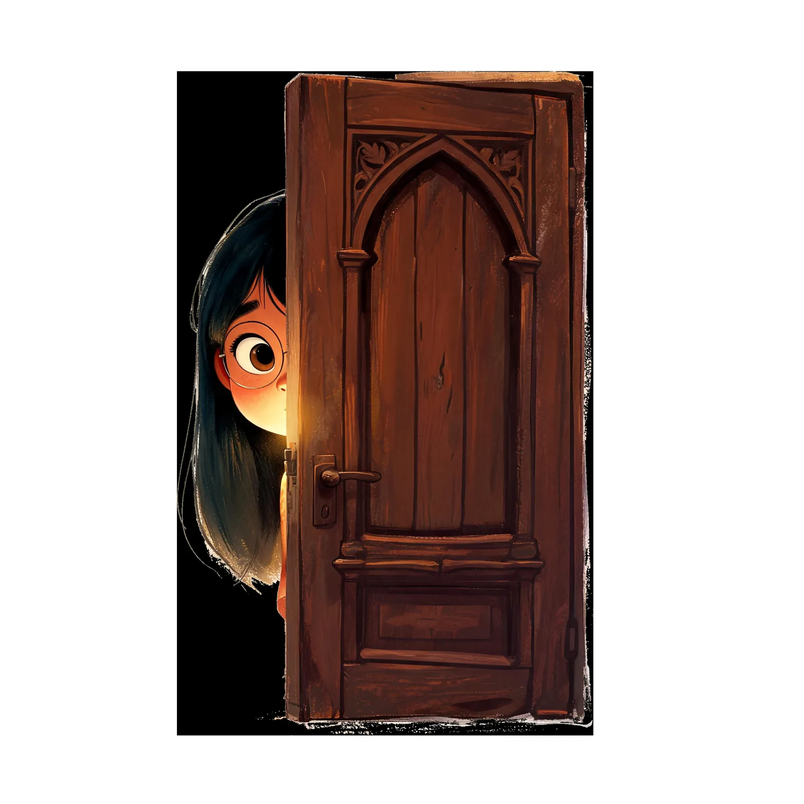A curious girl peers out from behind a heavy old door.