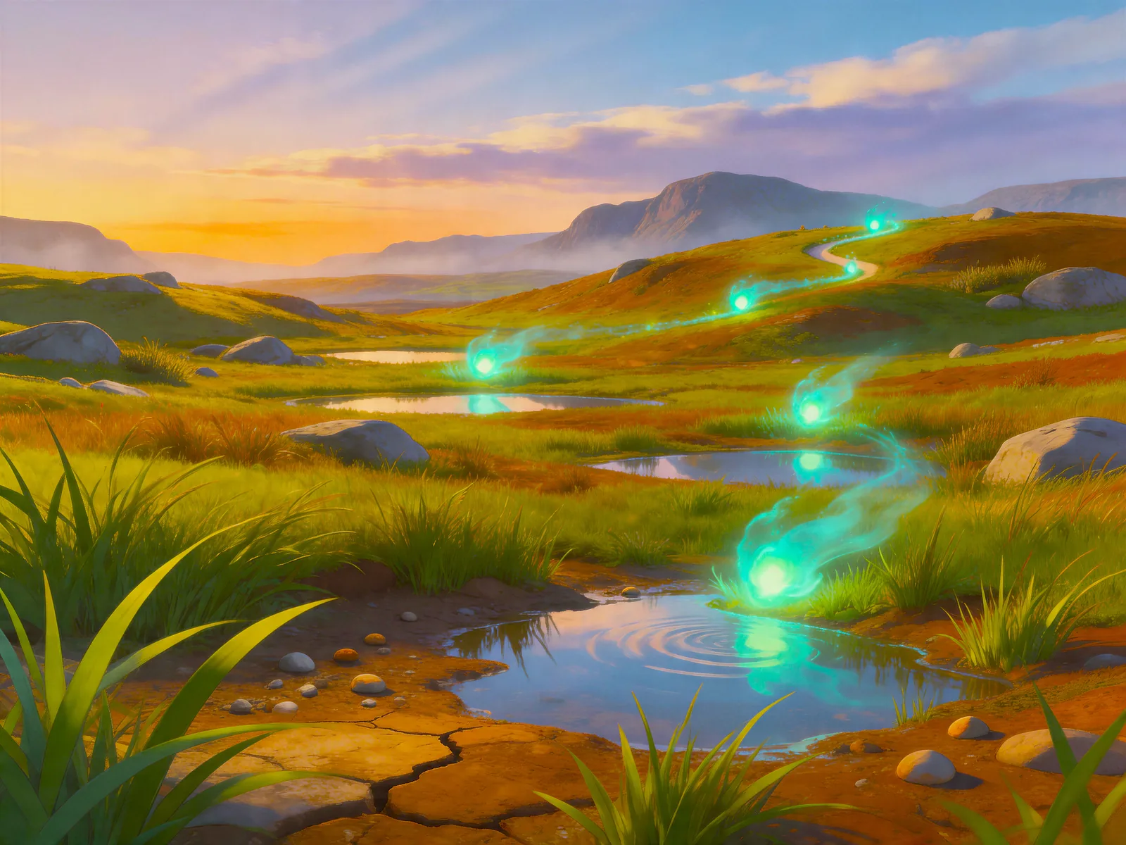 A wide, glowing marshland at dusk — the story's dreamy setting.
