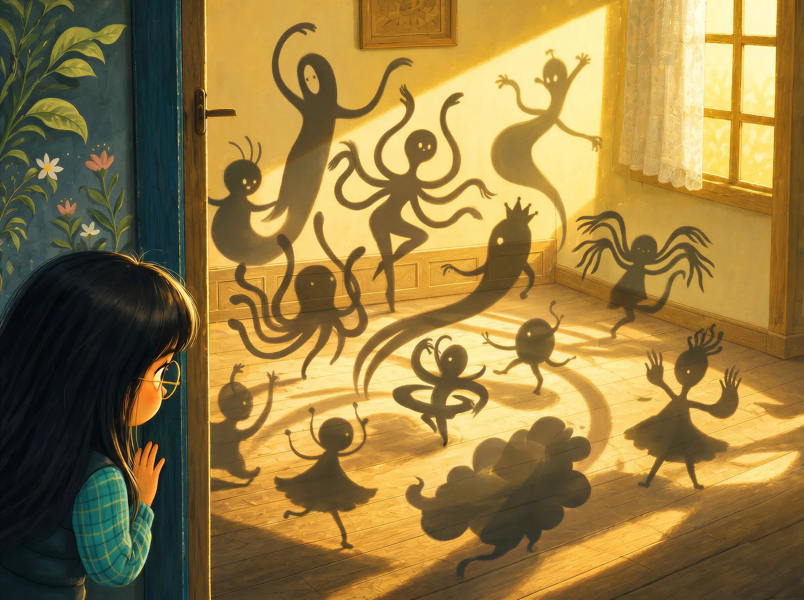 Shadow-shapes dance across the wall of a mysterious room.
