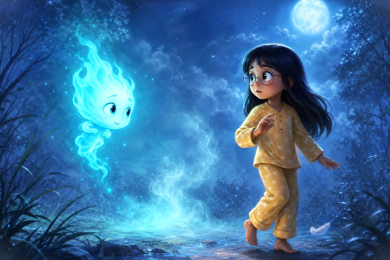 A glowing spirit meets a girl on a moonlit night — a story of courage.