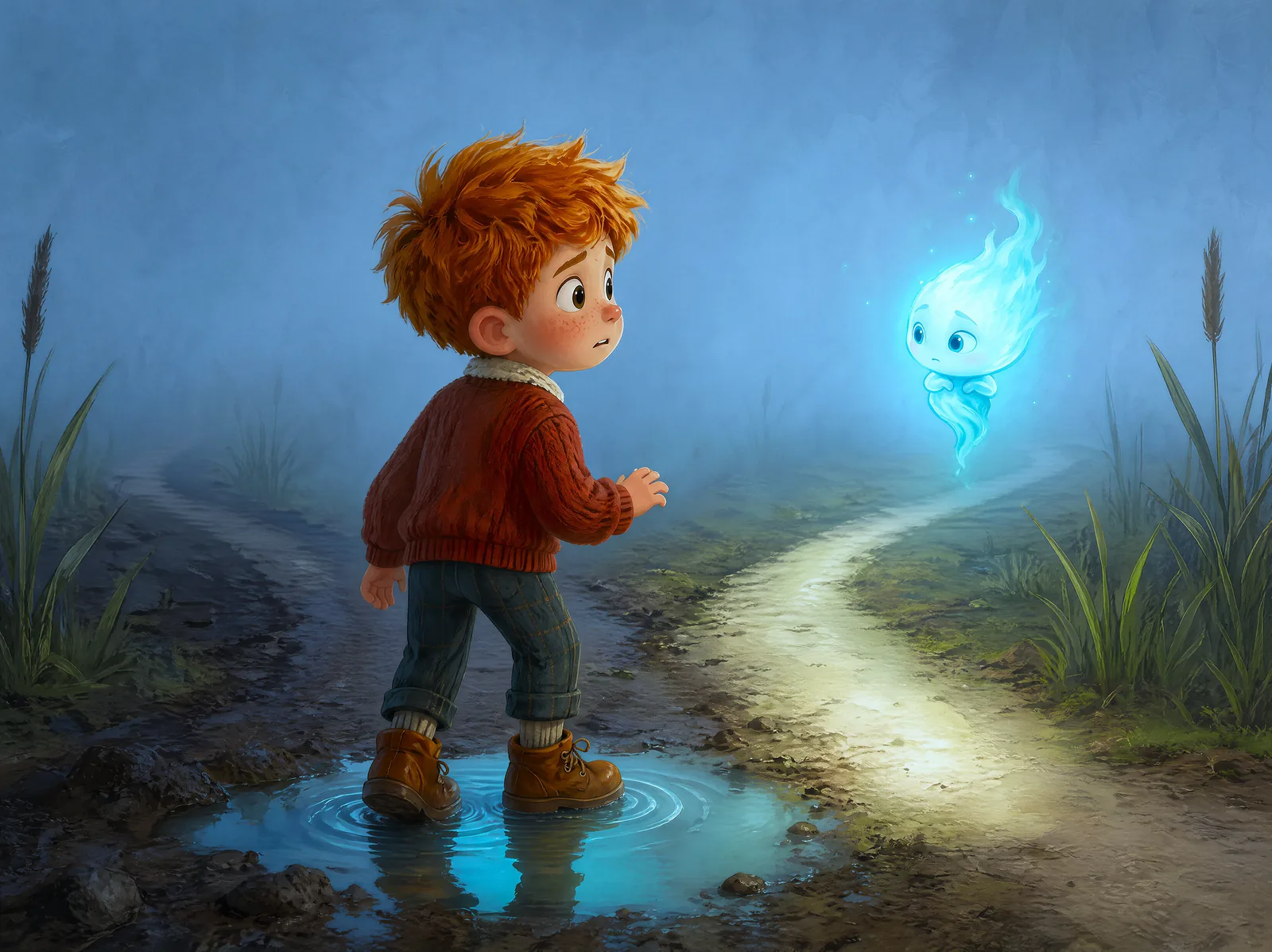 A boy and a glowing spirit meet where two paths cross the marsh.