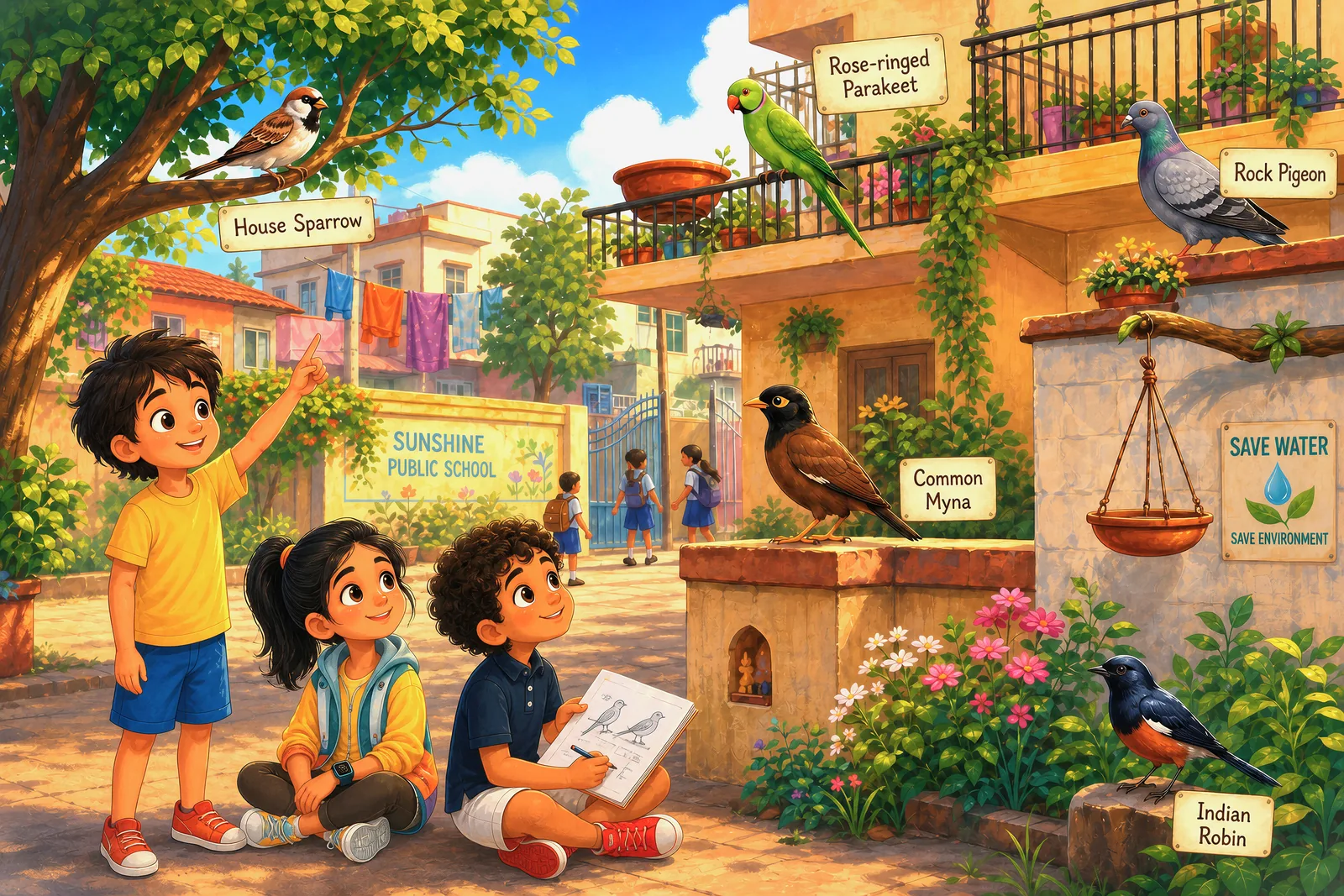 Children birdwatching in a warm, busy neighbourhood full of birds.