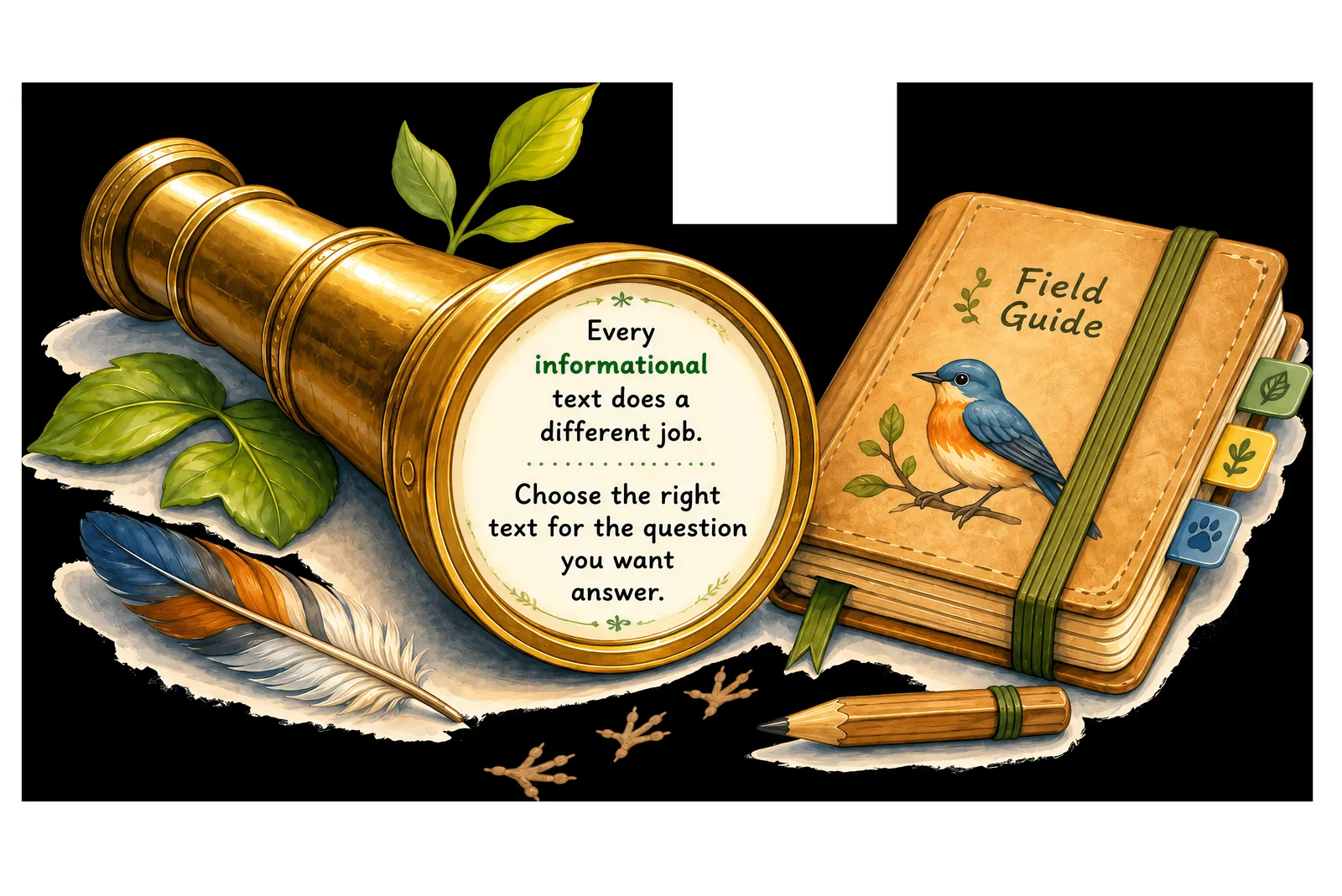 A brass spyglass and a field guide — a young naturalist's tools.