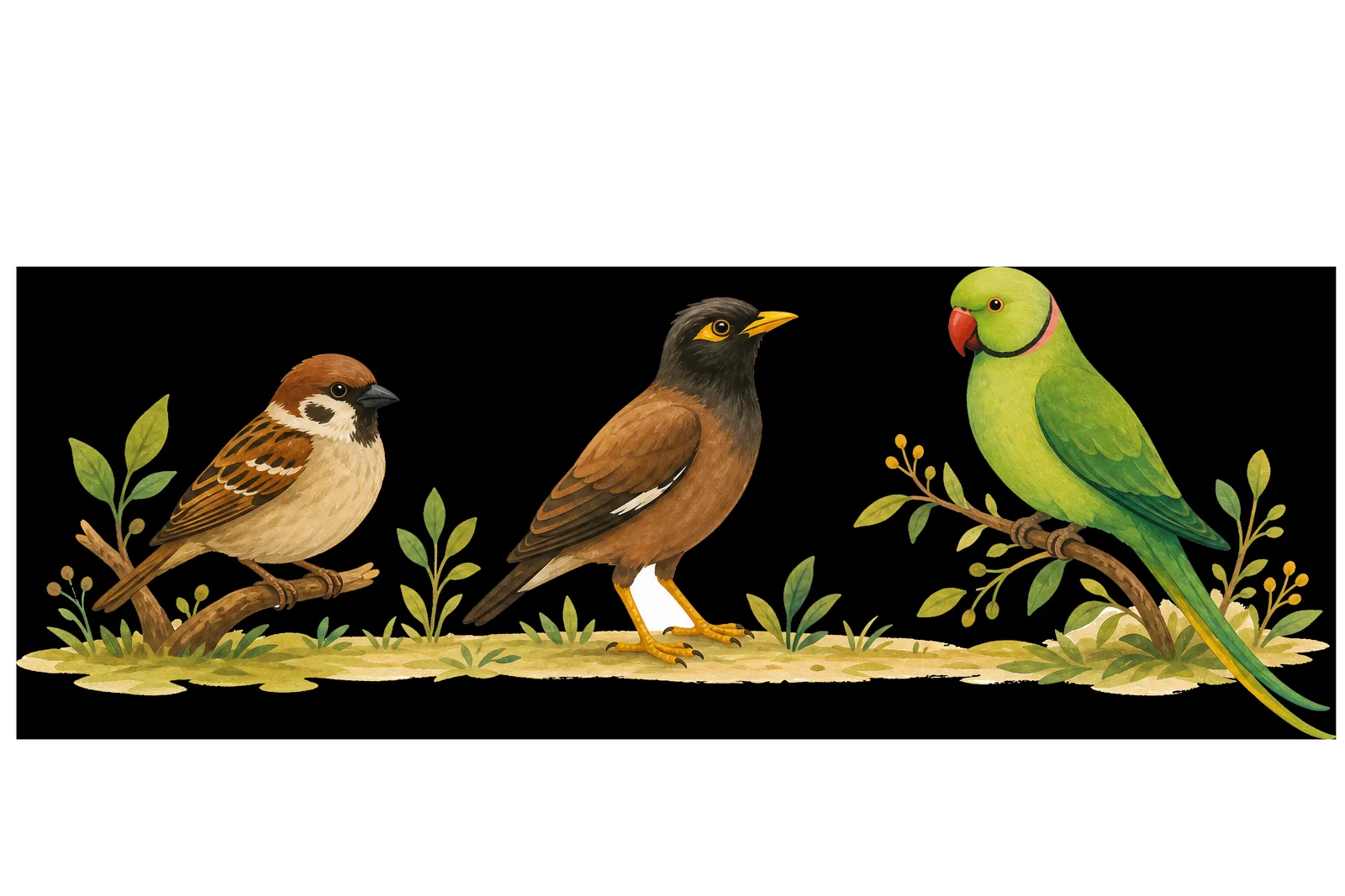 Three neighbourhood birds perched in a clean park-sign style.