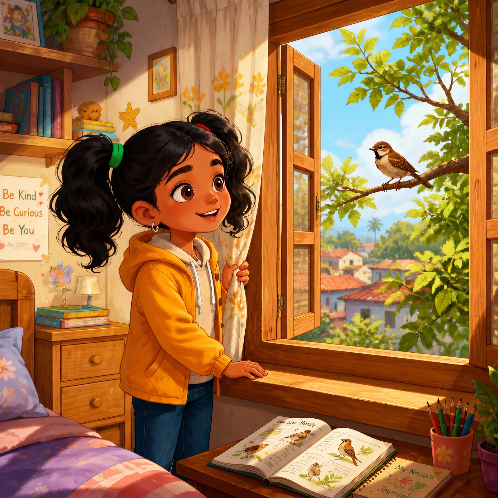 Mona leans out of her window to greet a sparrow at first light.