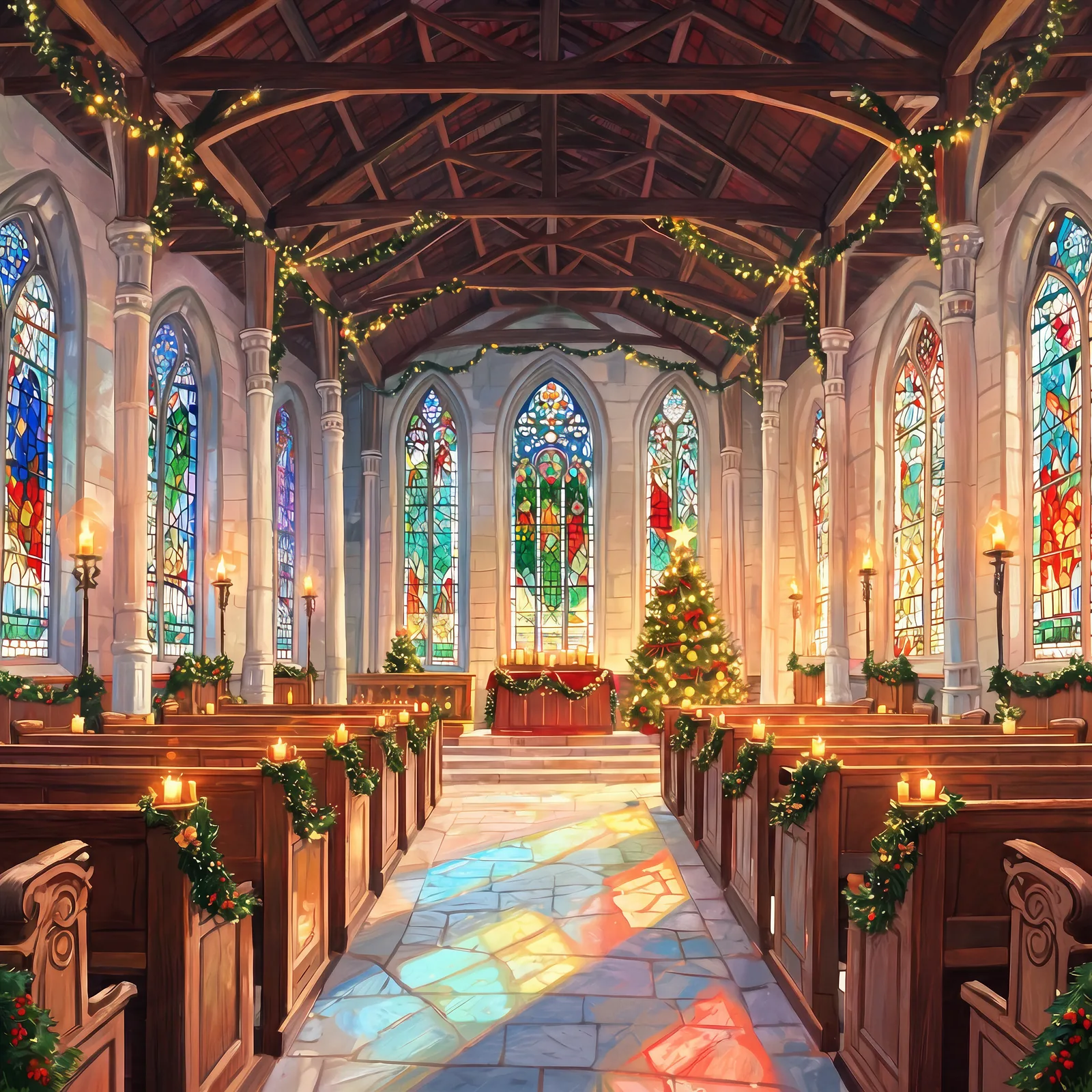 Light pours through the stained glass of an old hill-town church.