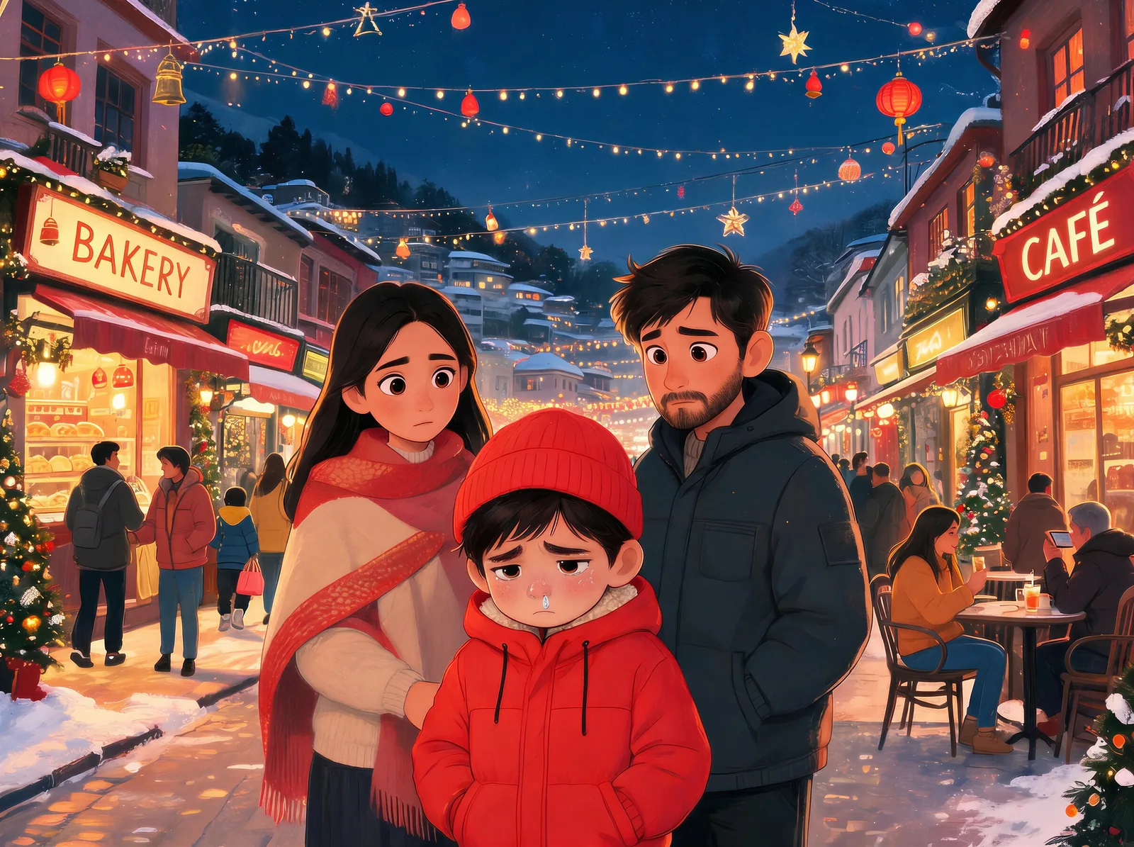 A family strolls Mussoorie's Mall Road on a cold, festive evening.