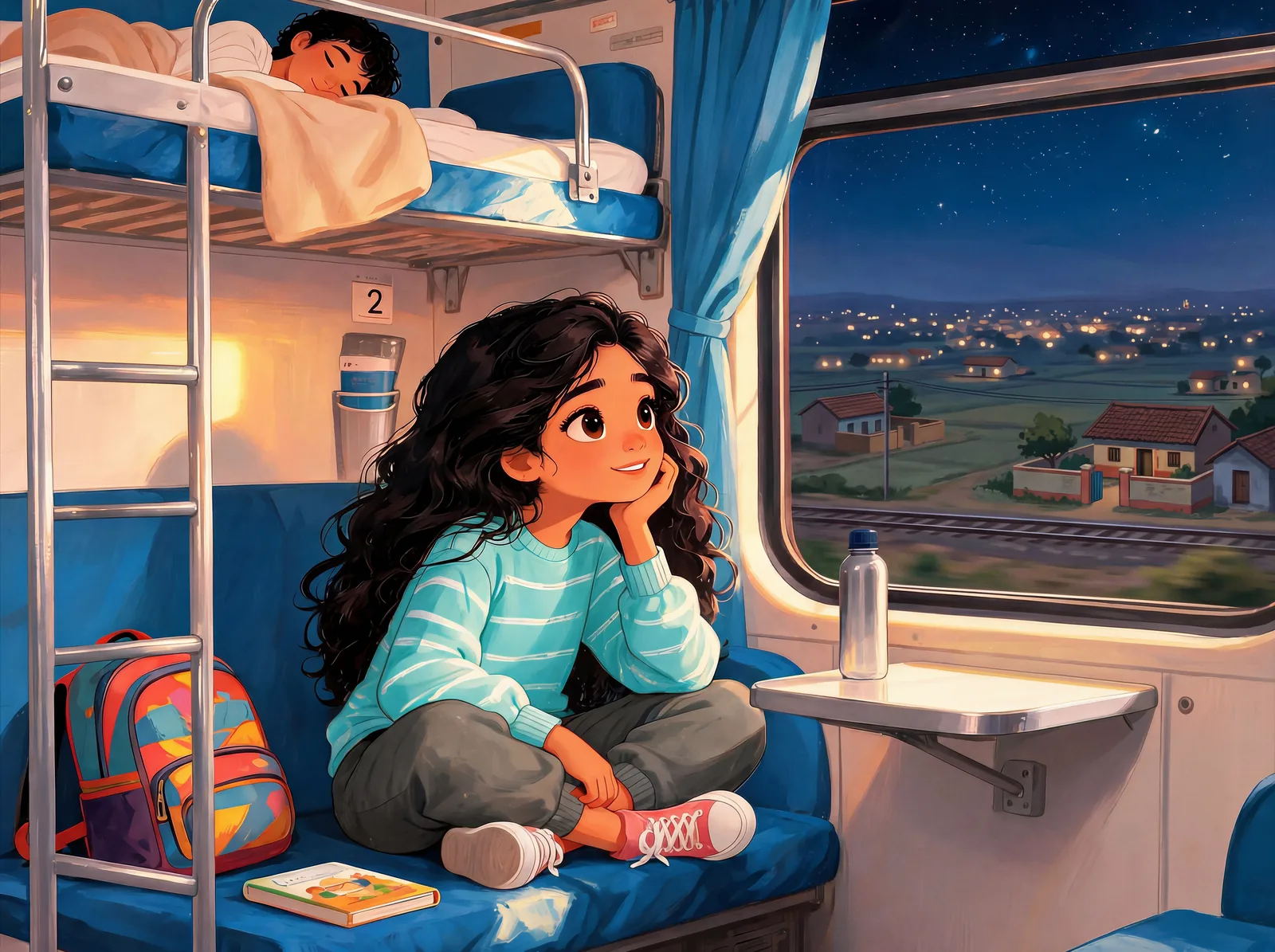 A girl gazes out of a night train, watching the world slip by.