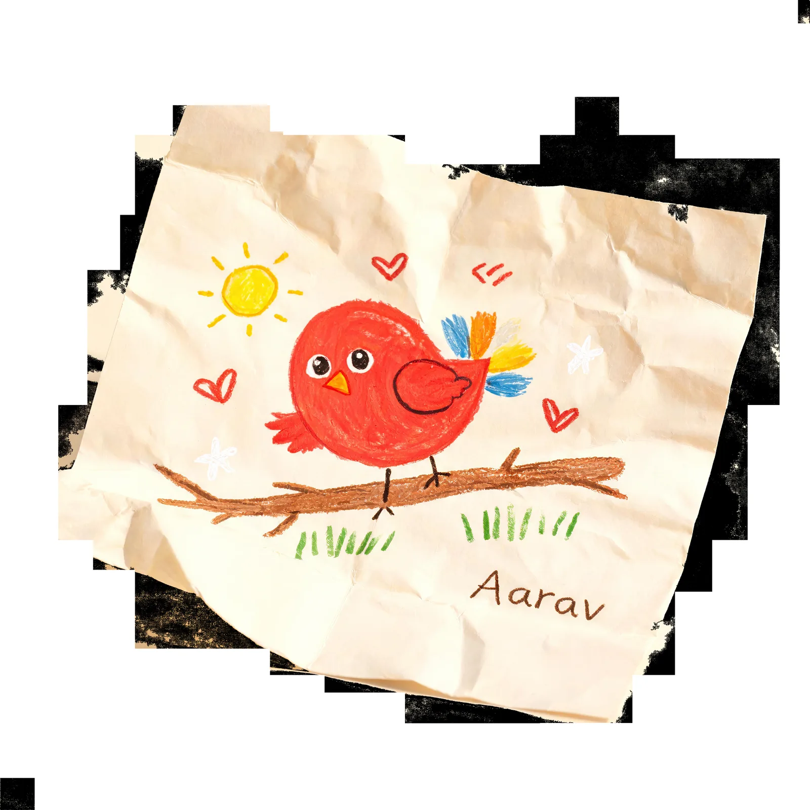 A child's own crayon drawing of a little bird, signed 'Aarav'.