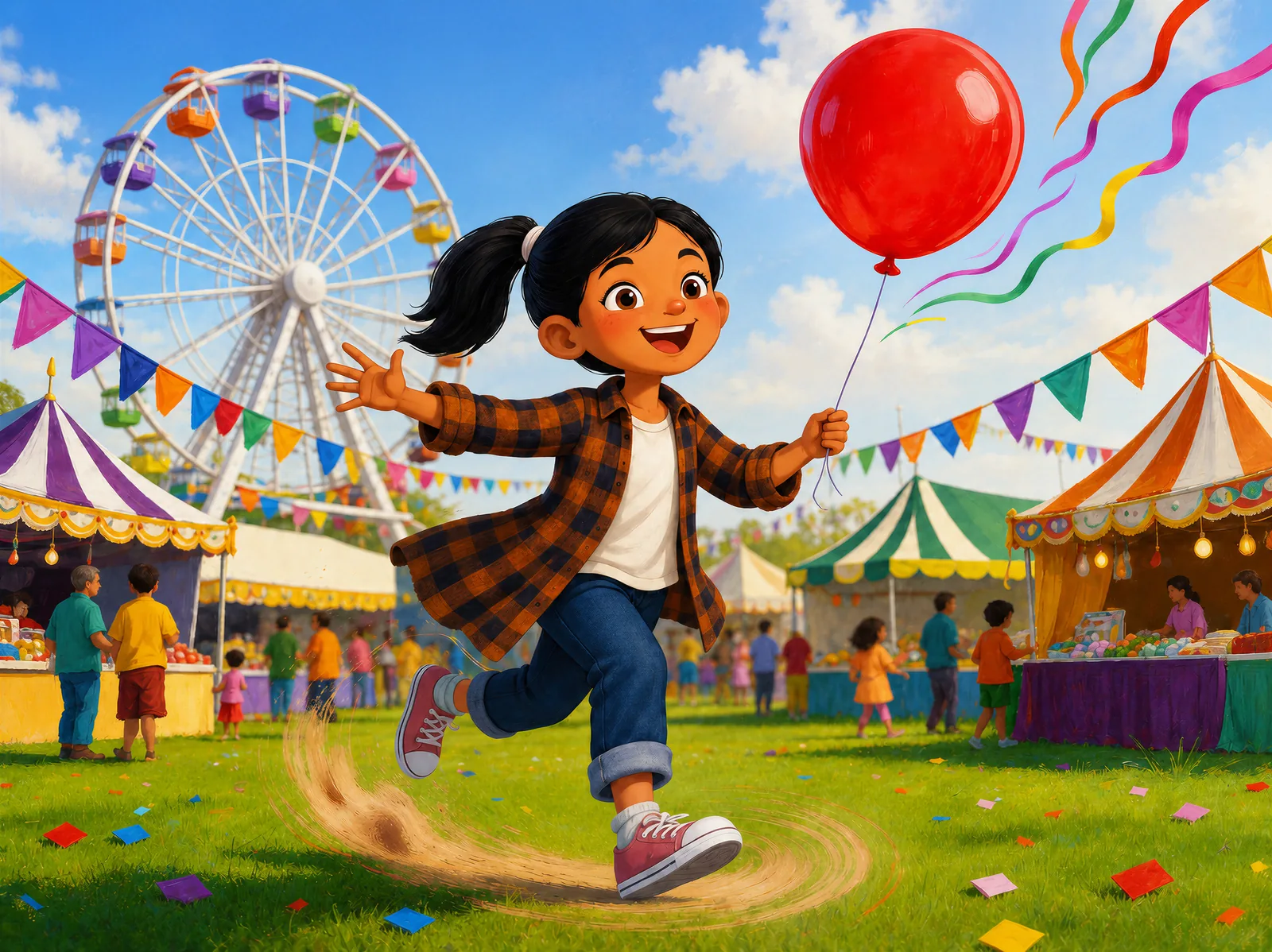 Racing through a fair with a balloon — the thrill of exploring and discovering the world.