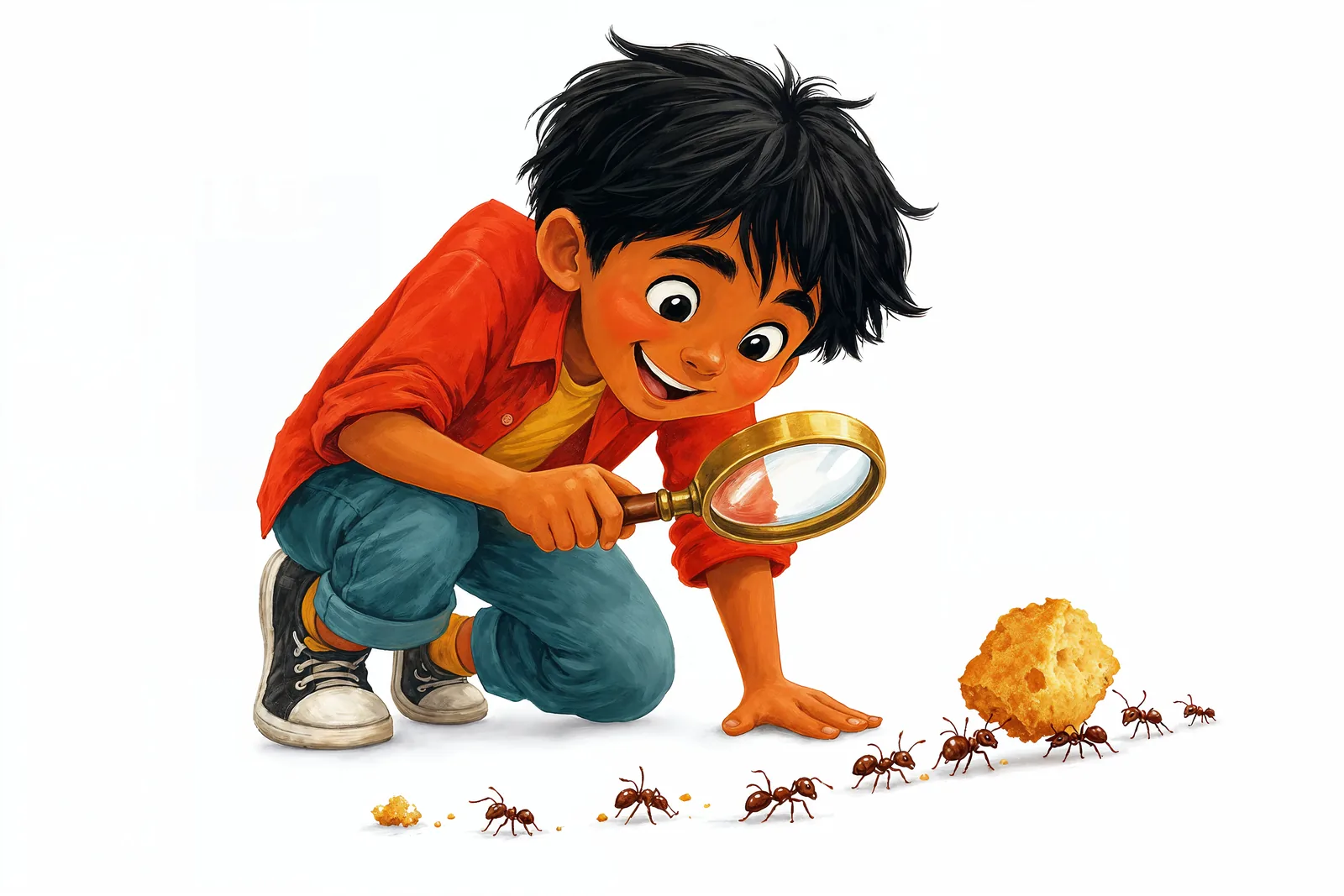 A curious boy watches a line of ants — science begins with noticing.