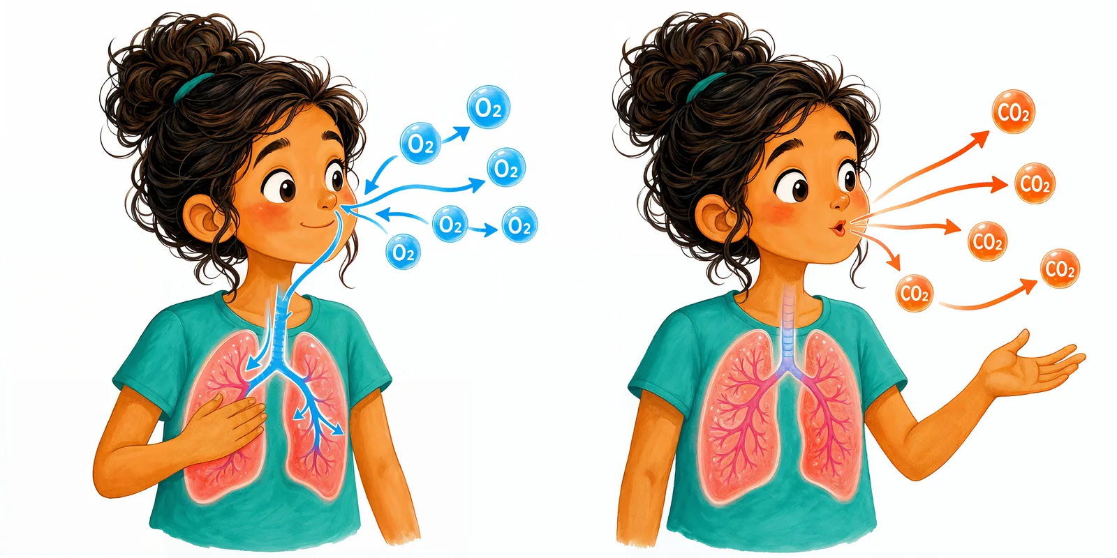 Breathing in oxygen and breathing out carbon dioxide.