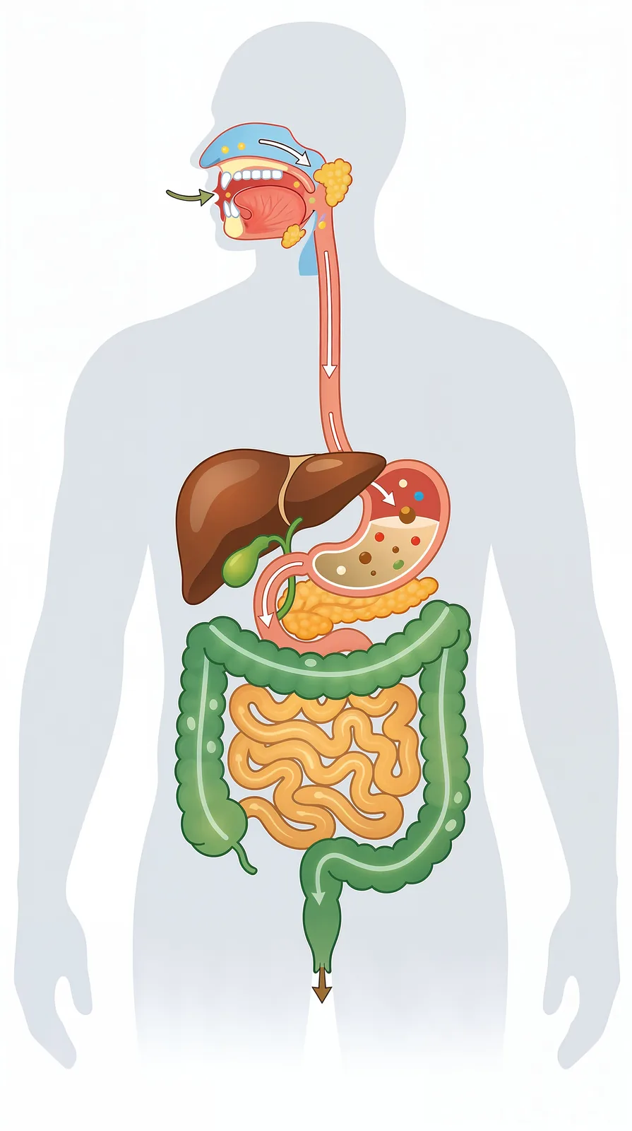 The journey of food through the digestive system.