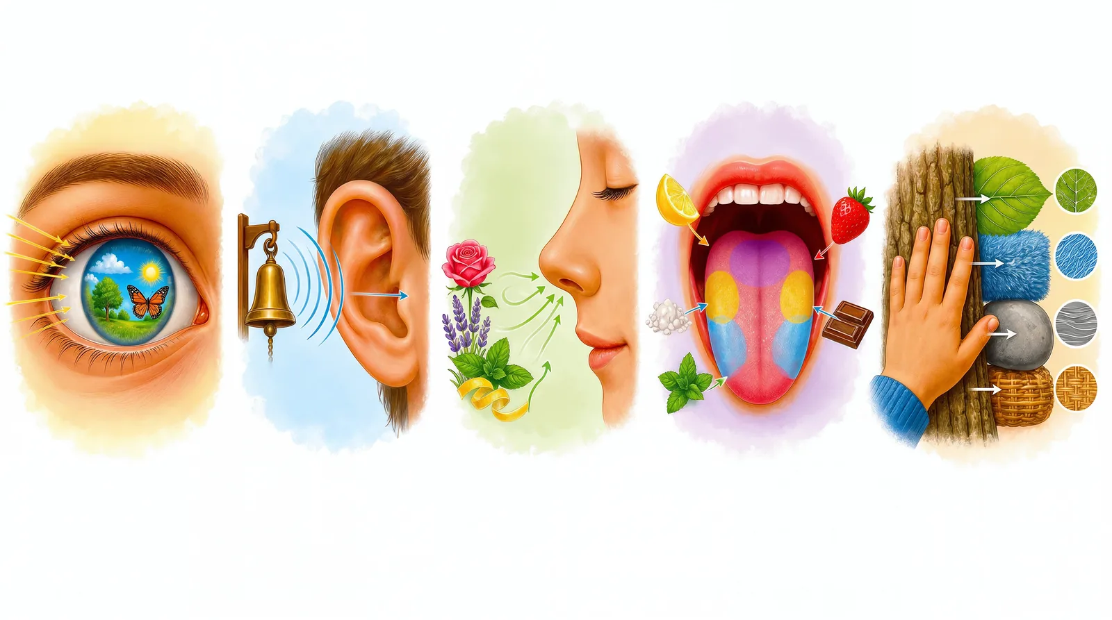 The five senses — sight, hearing, smell, taste and touch.