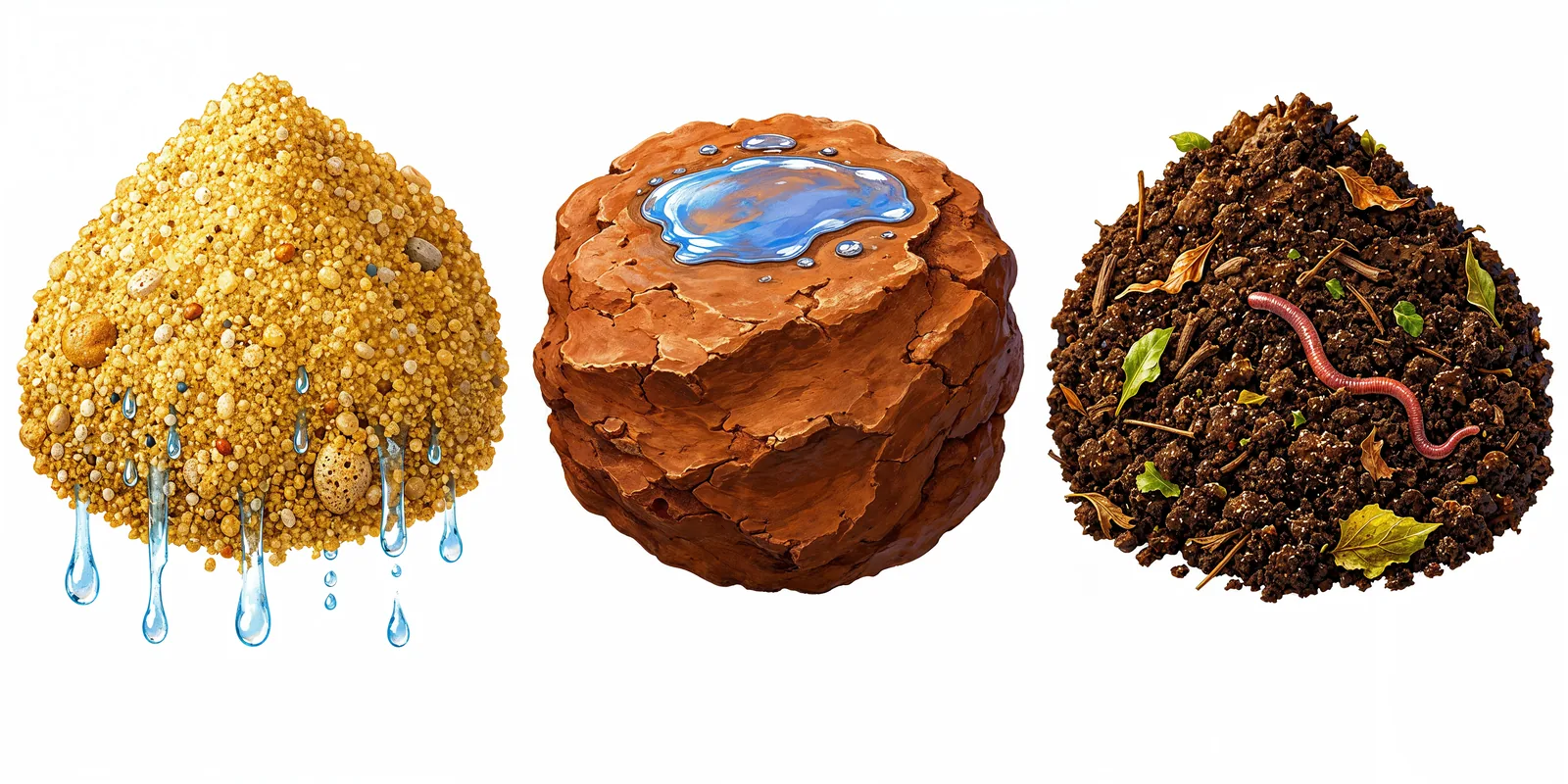 Three types of soil — sandy, clayey and loamy.