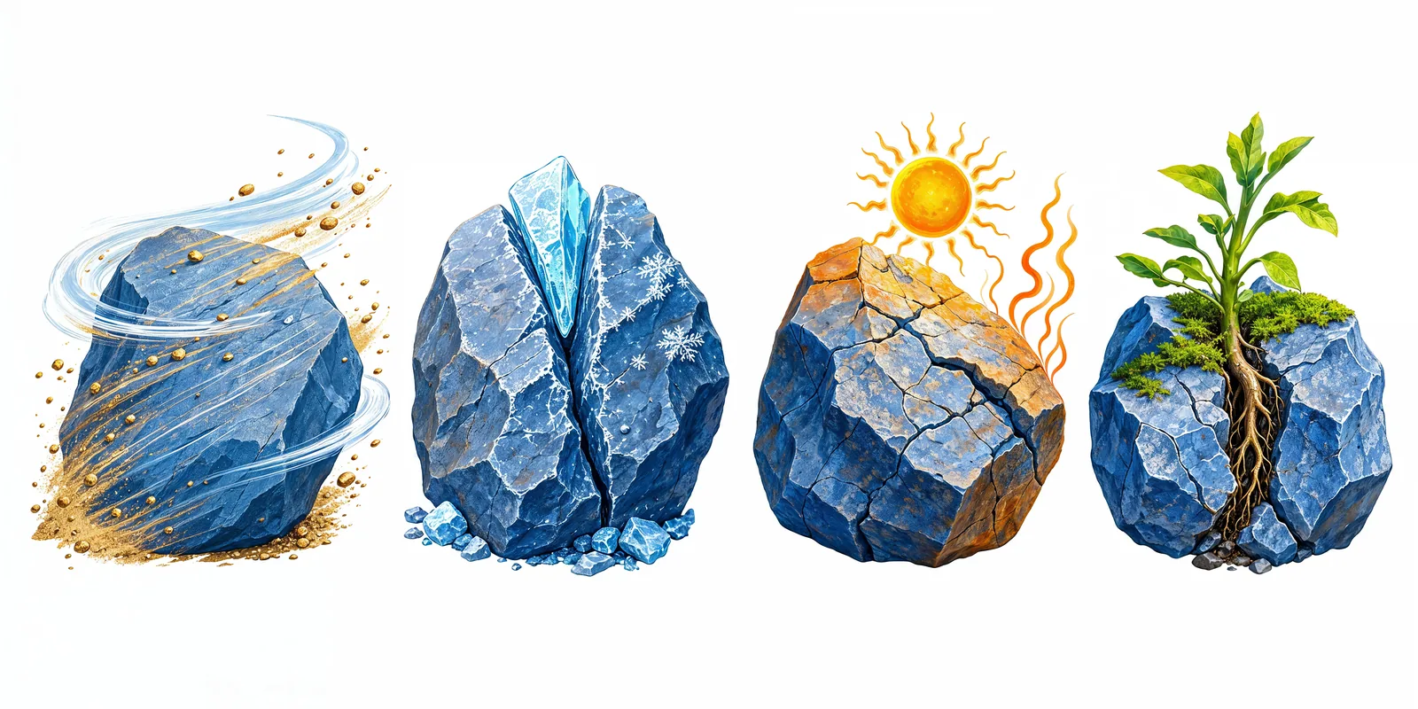 Wind, water and heat break rocks down over time.