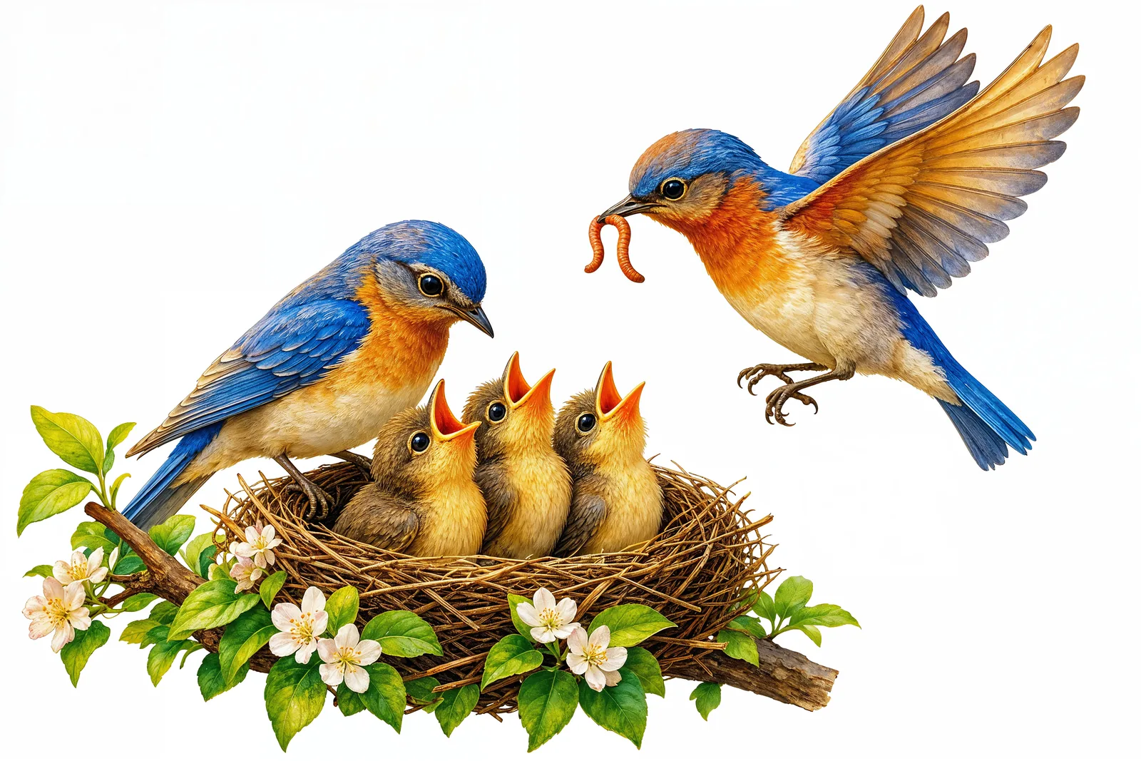 A parent bird feeding its hungry chicks.