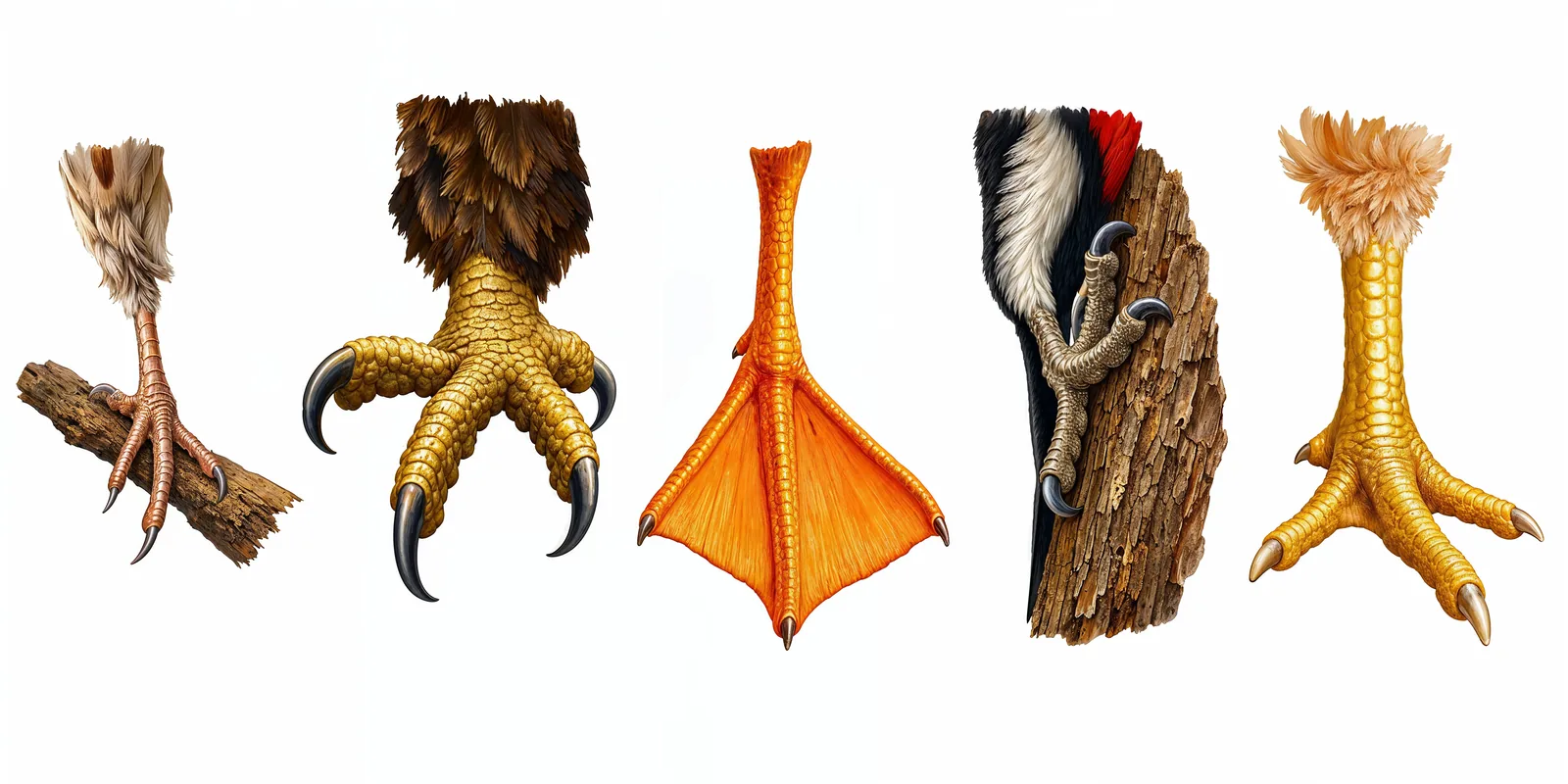Different feet for perching, swimming, climbing and gripping.