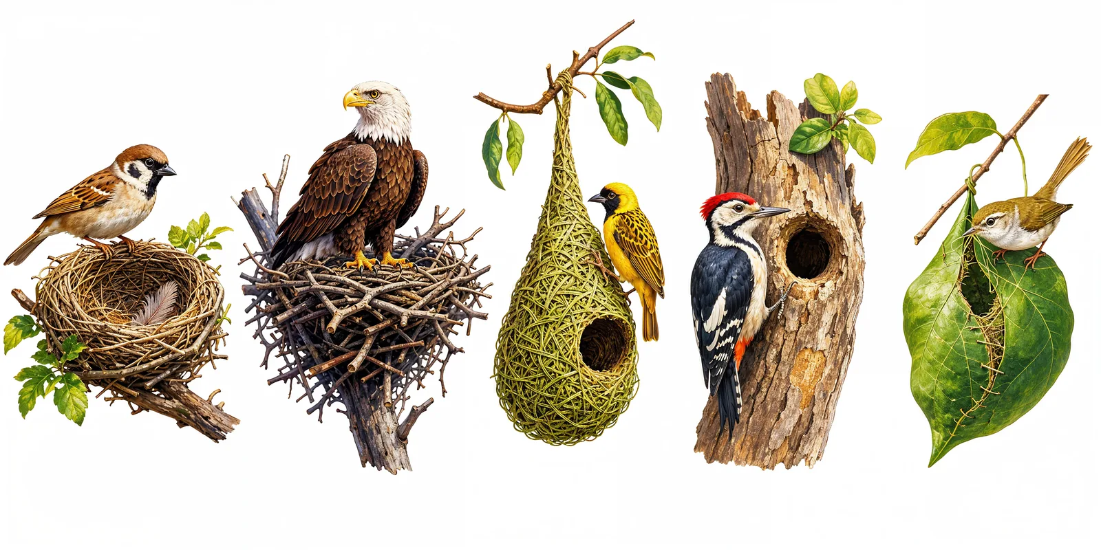 A variety of nests — every bird builds its own way.