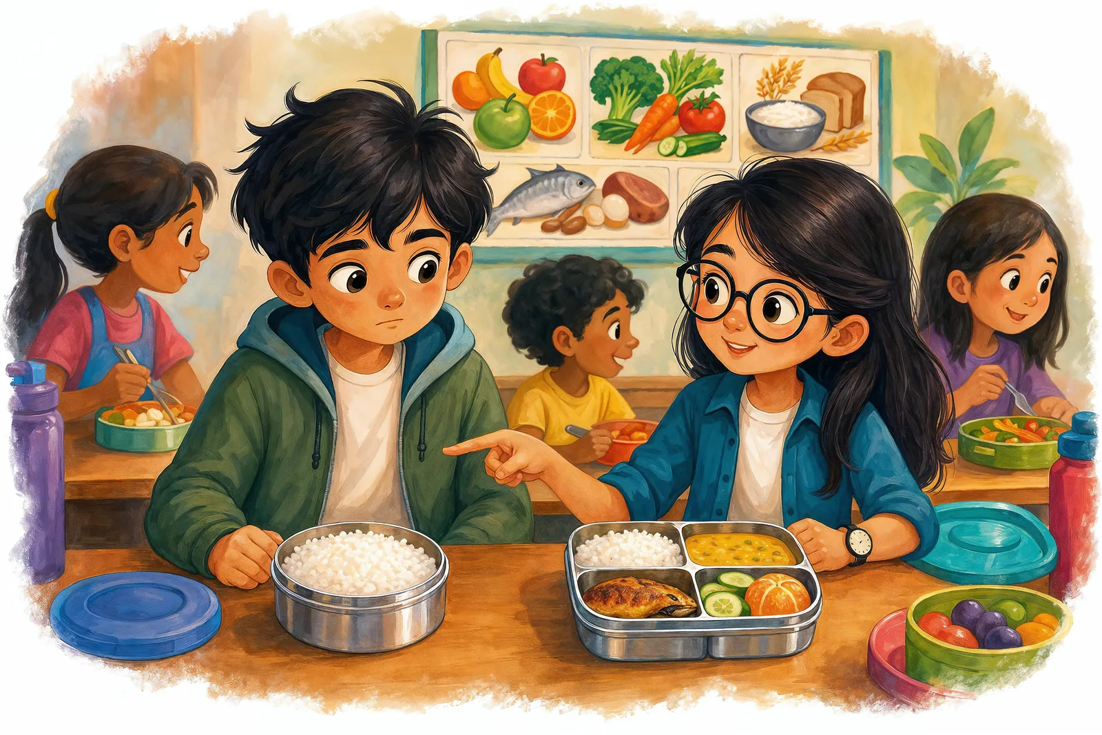 Friends sharing a healthy school lunch together.