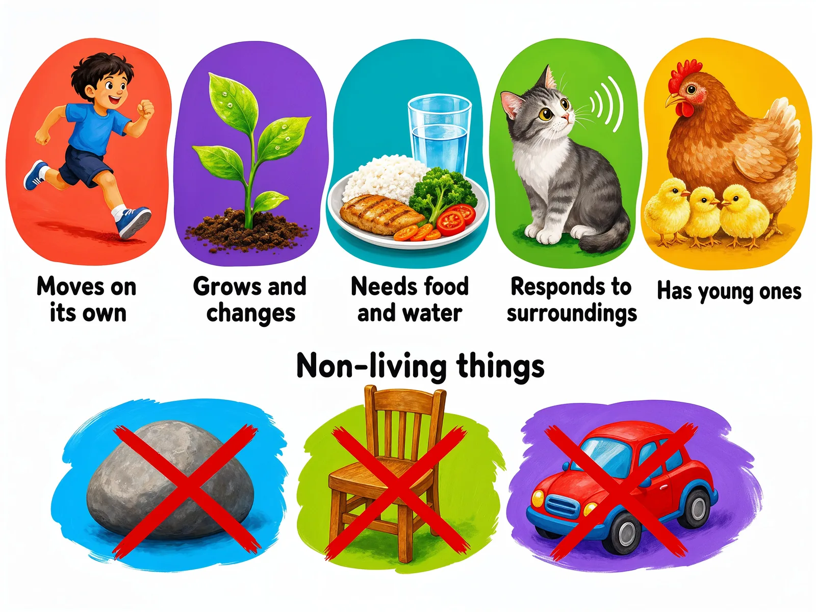 The signs of life that tell living things from non-living.