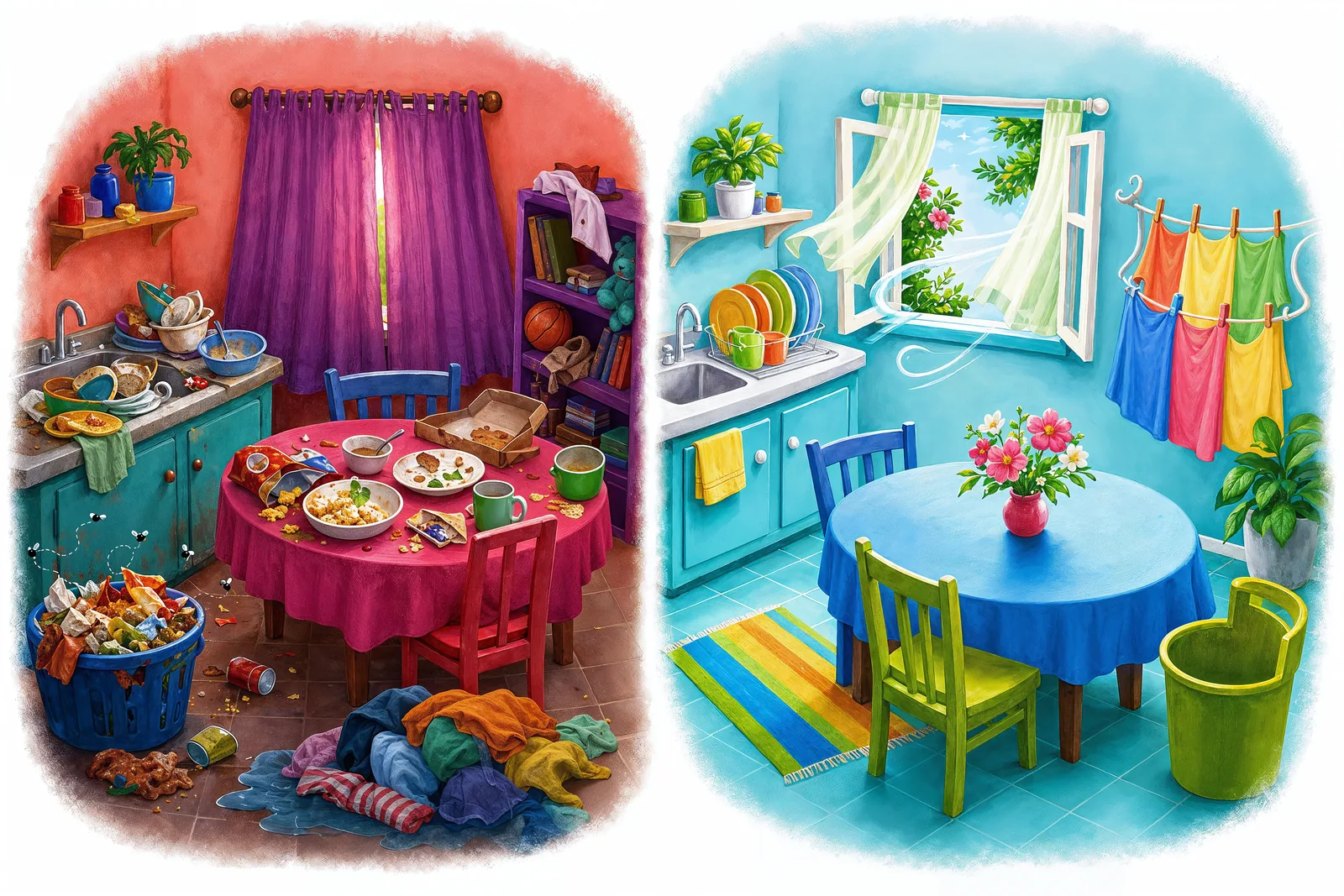 A messy room versus a clean, safe one.
