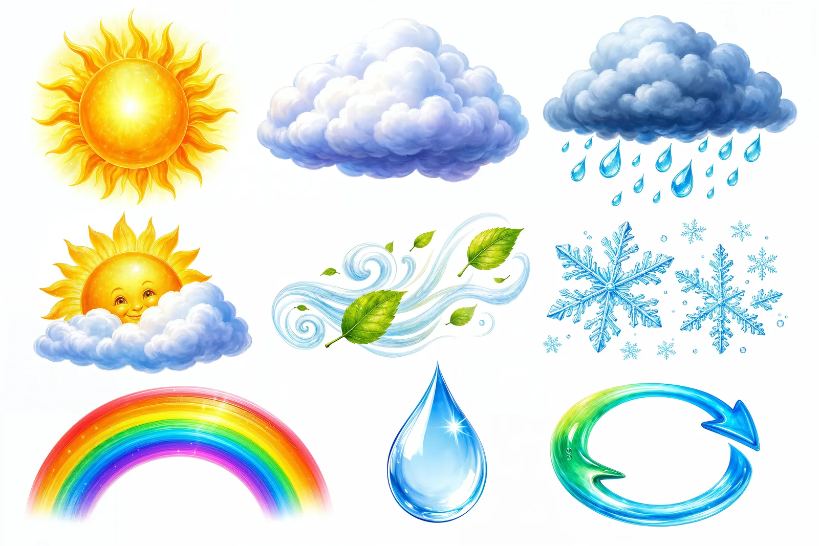 The many faces of weather — sun, rain, snow and rainbows.